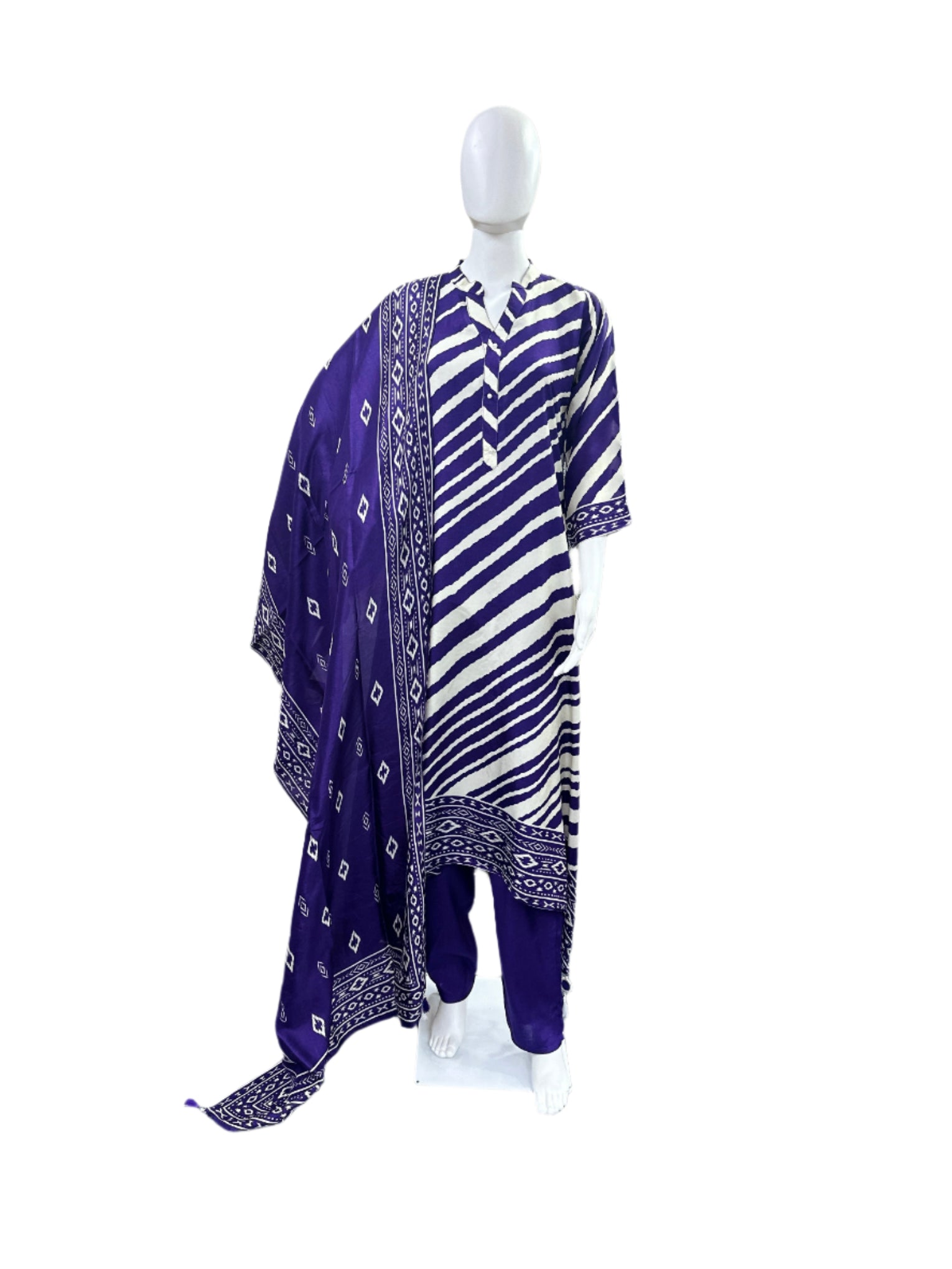 Elegant Dola Silk 3-Piece Set - A-line Top with Tassels & Pendant, Straight Pants & Printed Dupatta - Purple & Beige