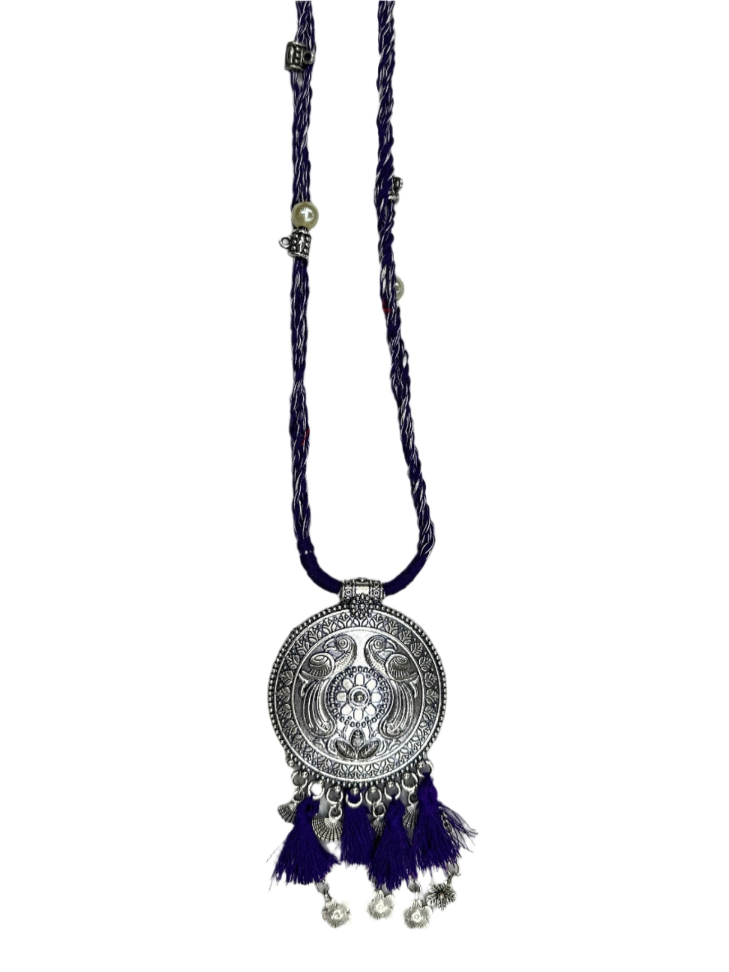 Elegant Dola Silk 3-Piece Set - A-line Top with Tassels & Pendant, Straight Pants & Printed Dupatta - Purple & Beige