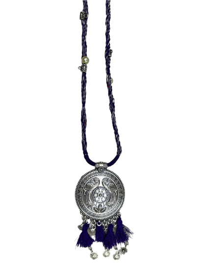 Elegant Dola Silk 3-Piece Set - A-line Top with Tassels & Pendant, Straight Pants & Printed Dupatta - Purple & Beige