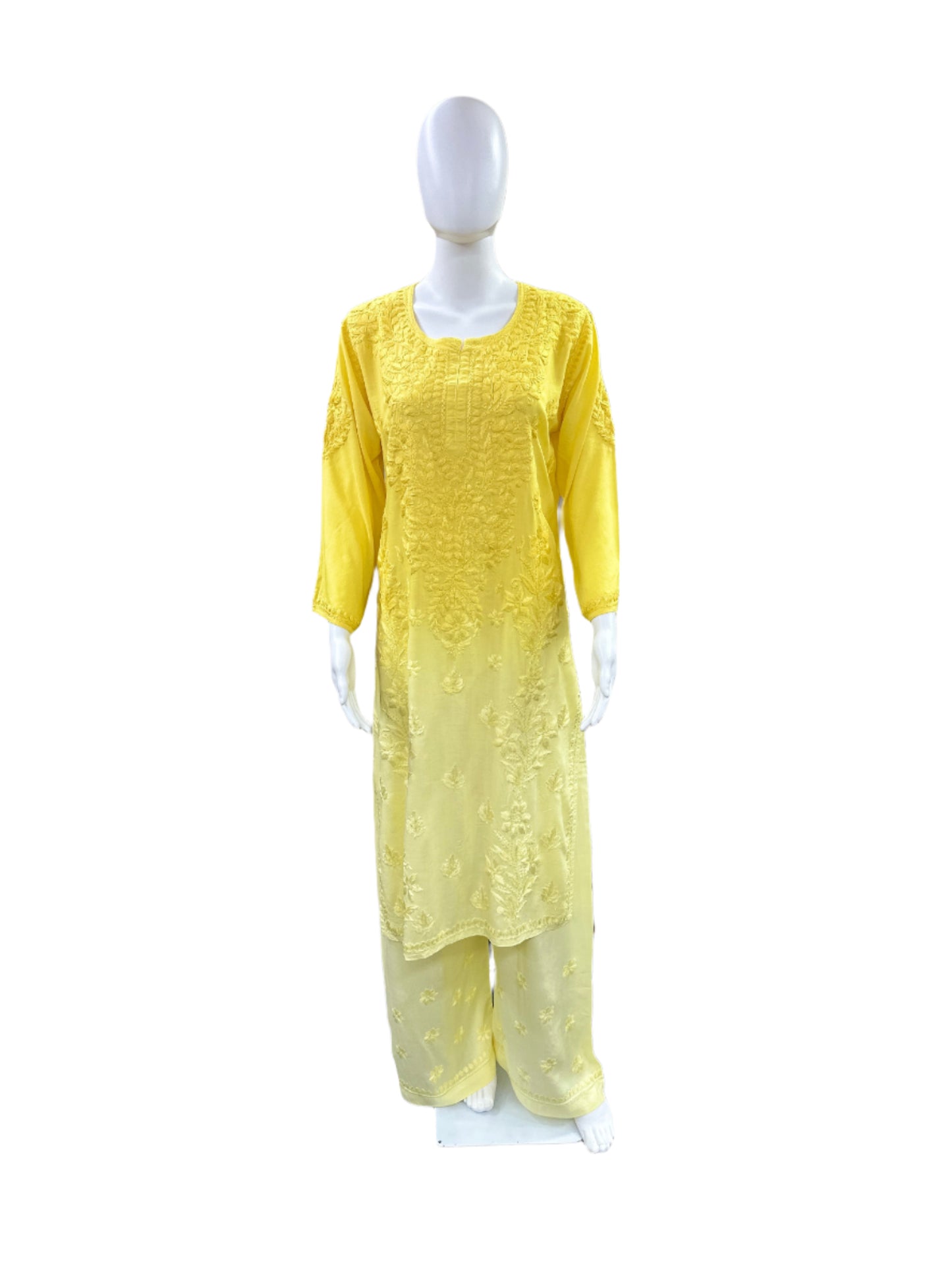 Premium Modal 3-Piece Lucknowi Set - 3D Handwork Kurta & Palazzo with Chiffon Dupatta - Yellow Ombre