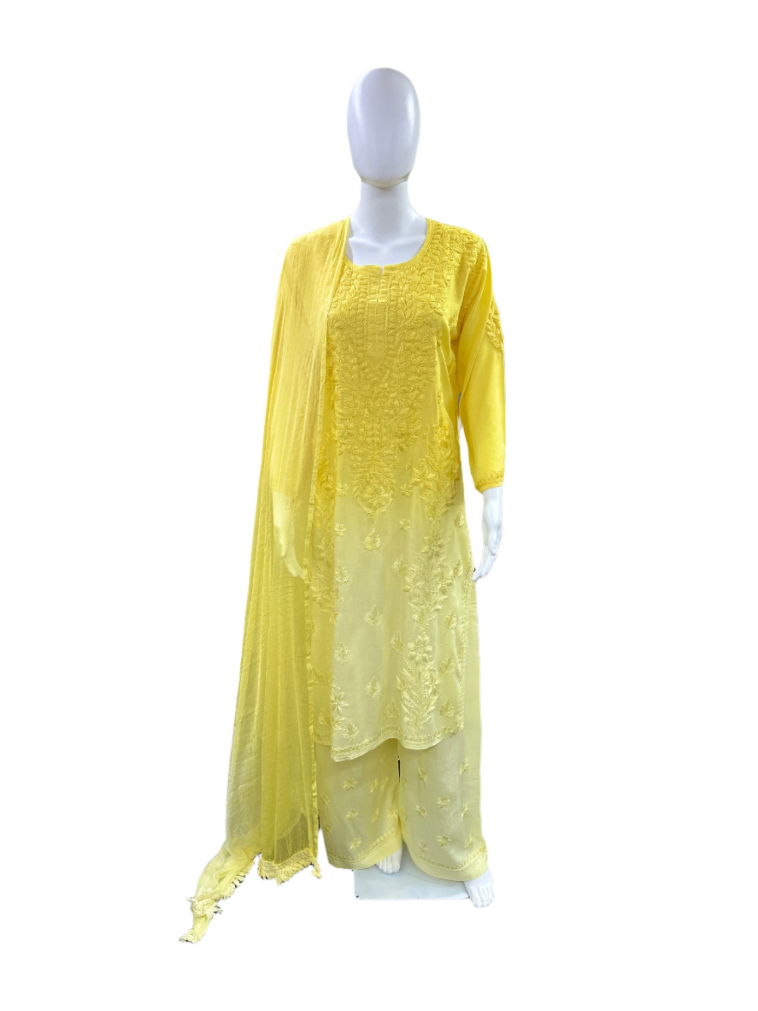 Premium Modal 3-Piece Lucknowi Set - 3D Handwork Kurta & Palazzo with Chiffon Dupatta - Yellow Ombre