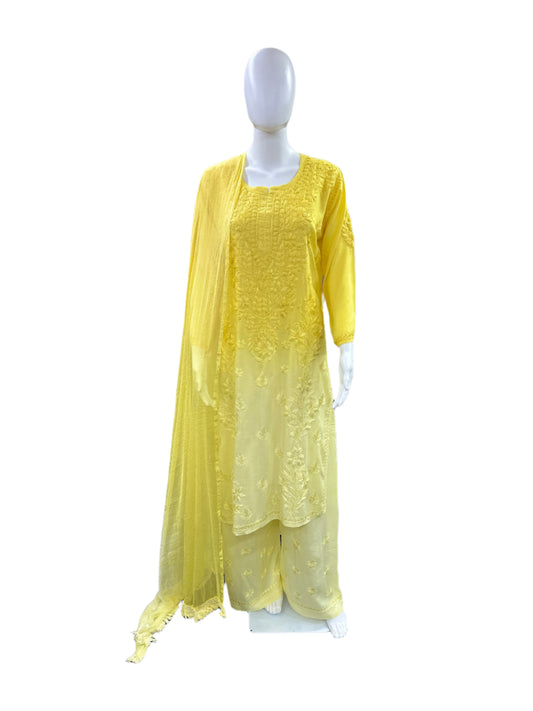 Premium Modal 3-Piece Lucknowi Set - 3D Handwork Kurta & Palazzo with Chiffon Dupatta - Yellow Ombre