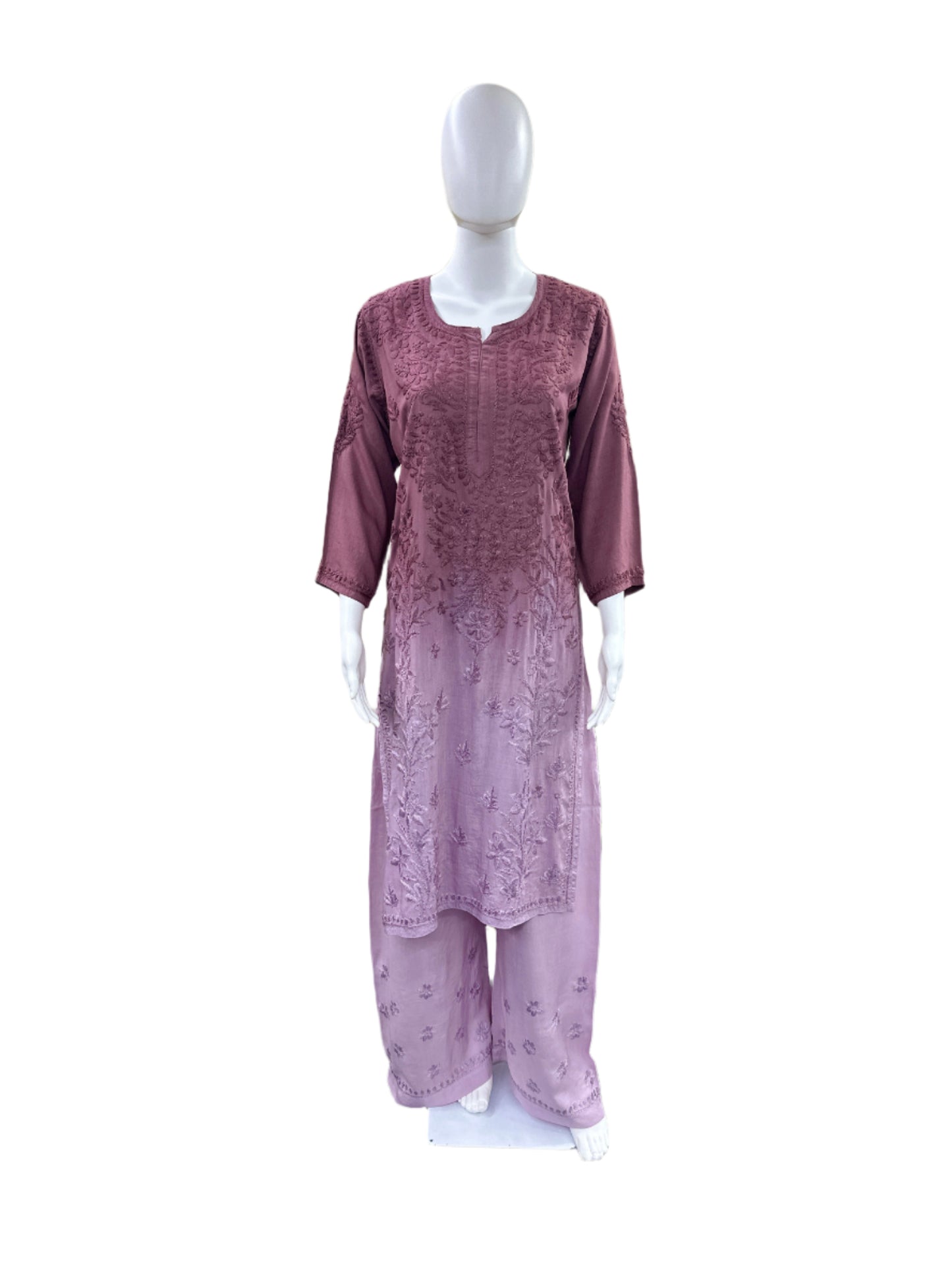 Premium Modal 3-Piece Lucknowi Set - 3D Handwork Kurta & Palazzo with Chiffon Dupatta - Purple Ombre
