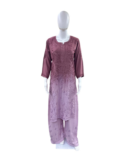 Premium Modal 3-Piece Lucknowi Set - 3D Handwork Kurta & Palazzo with Chiffon Dupatta - Purple Ombre