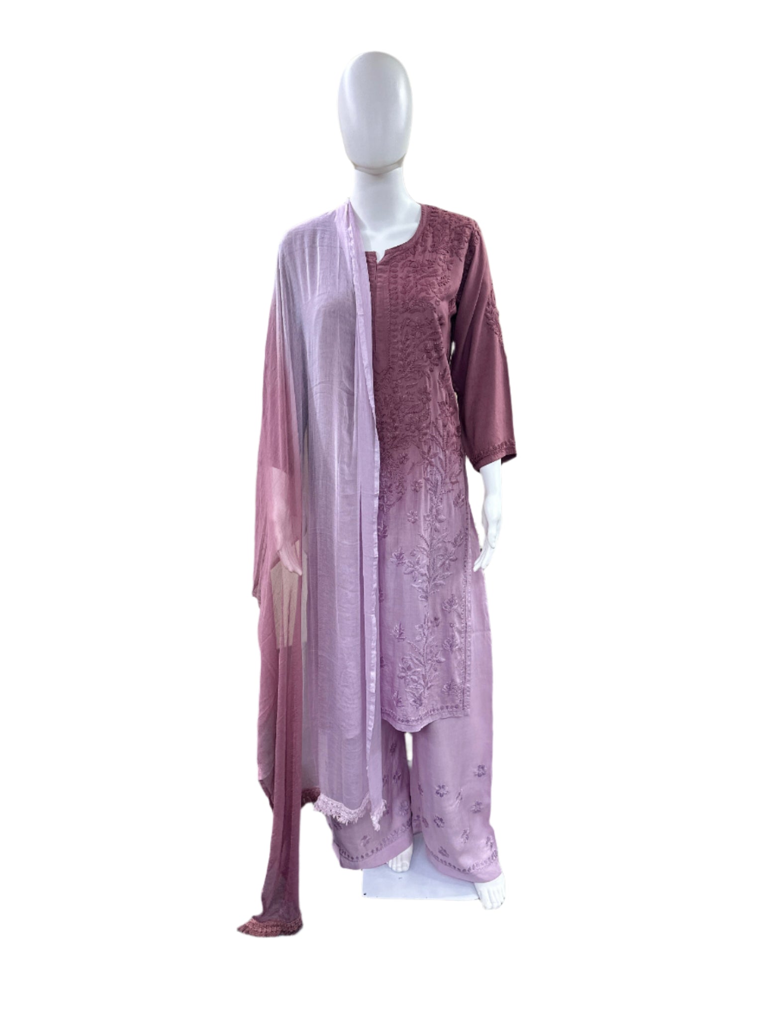 Premium Modal 3-Piece Lucknowi Set - 3D Handwork Kurta & Palazzo with Chiffon Dupatta - Purple Ombre