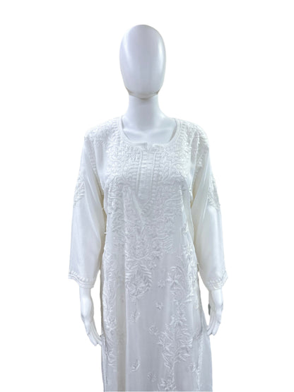 Premium Modal 3-Piece Lucknowi Set - 3D Handwork Kurta & Palazzo with Chiffon Dupatta - Pure White