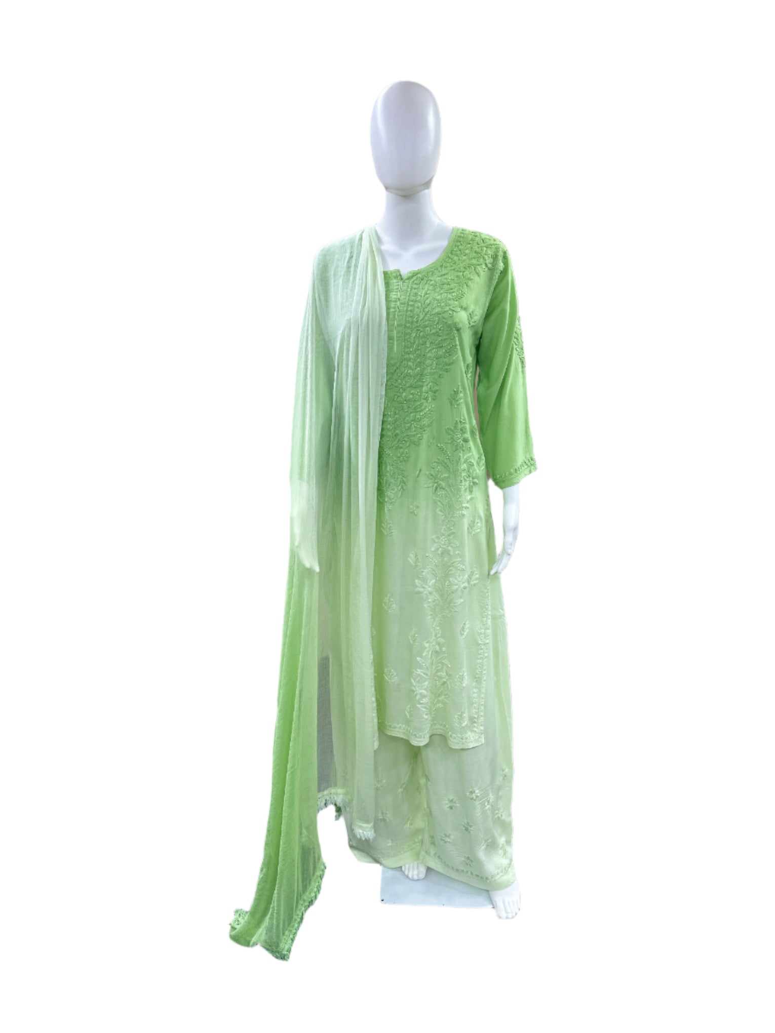 Premium Modal 3-Piece Lucknowi Set - 3D Handwork Kurta & Palazzo with Chiffon Dupatta - Pista Green Ombre