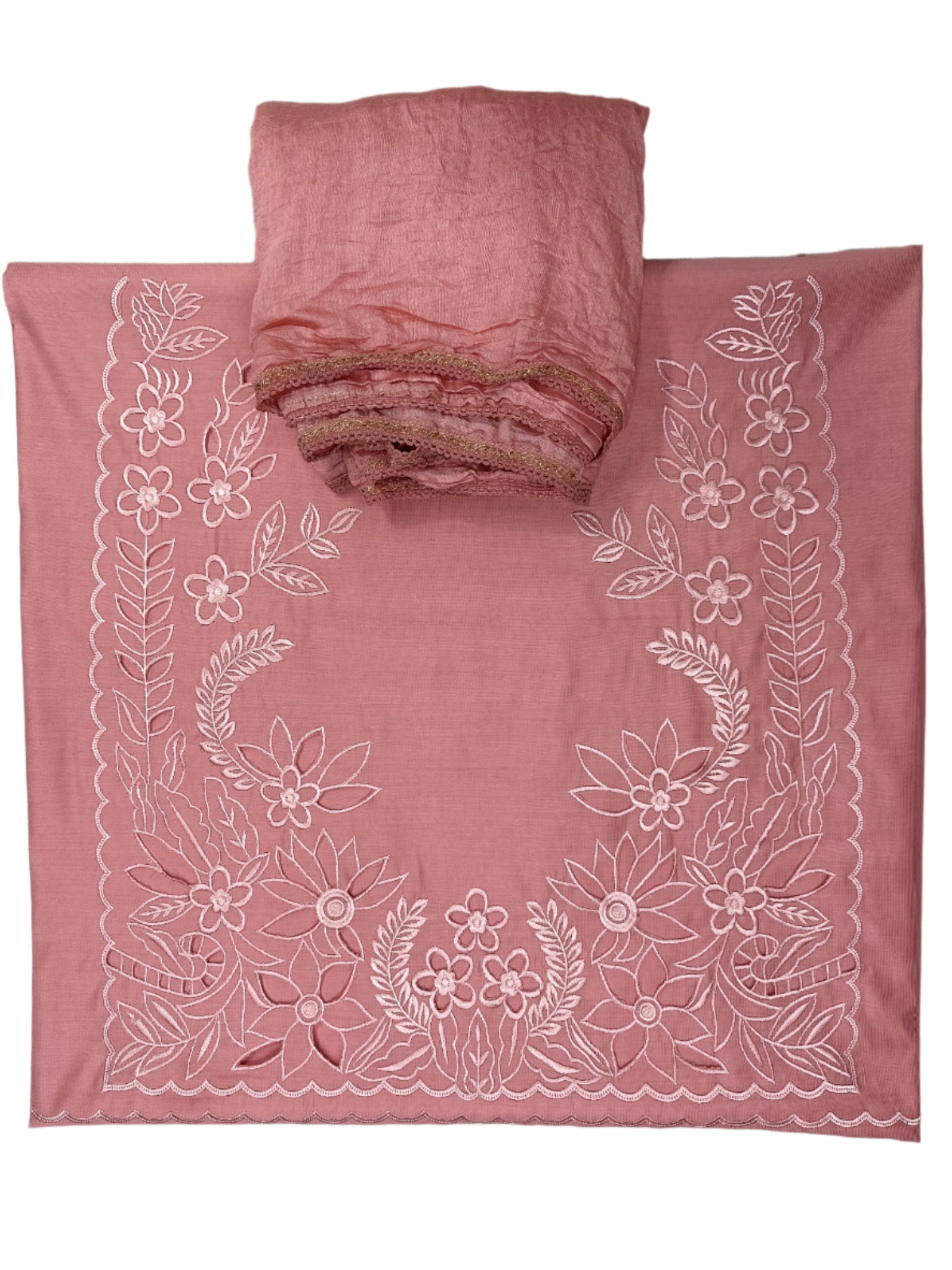 Unstitched Maslin Fabric with cutwork daman design and dupatta with lace