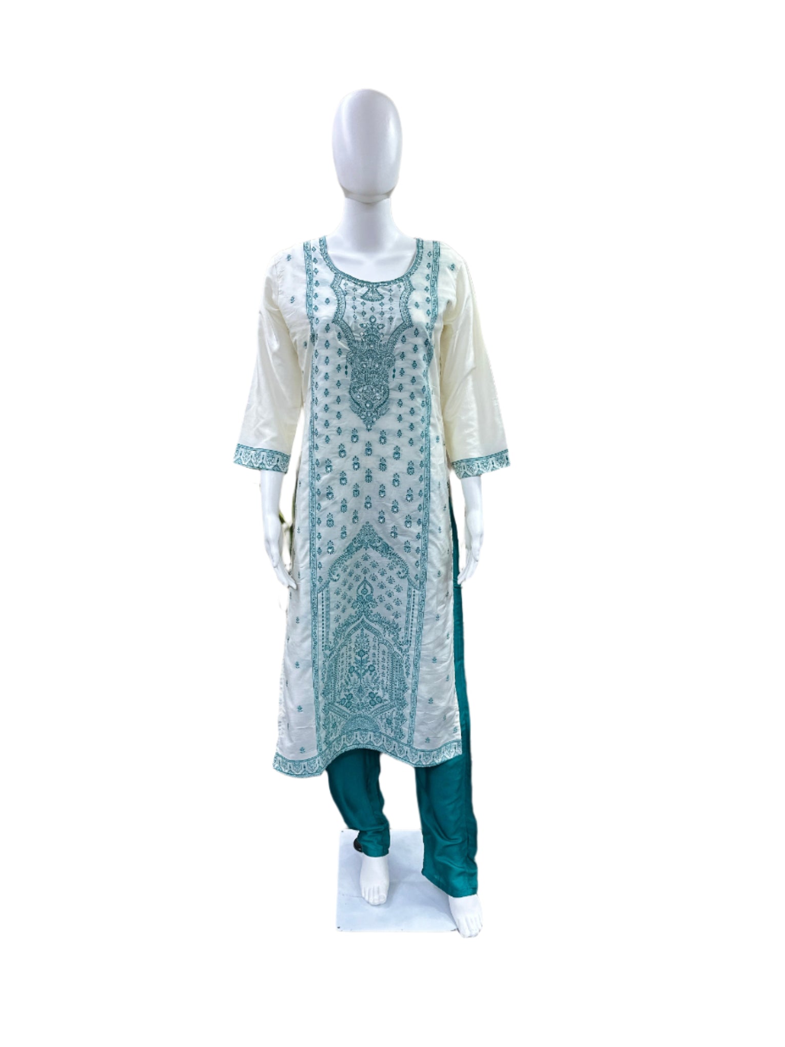 Luxury Silk 3-Piece Set - Straight Top with Jacquard Work (Lining Included, Straight Pants & Matching Jacquard Dupatta - Vibrant Create a SEO optimised product title and a Product description which is very comprehensive. Please add about the fabric, care, style and occasional details. Below is the product detail. Silk - 3 piece set - Straight Top Jacquard work, straight pant with jacquard dupatta - Beige & Turquoise Green