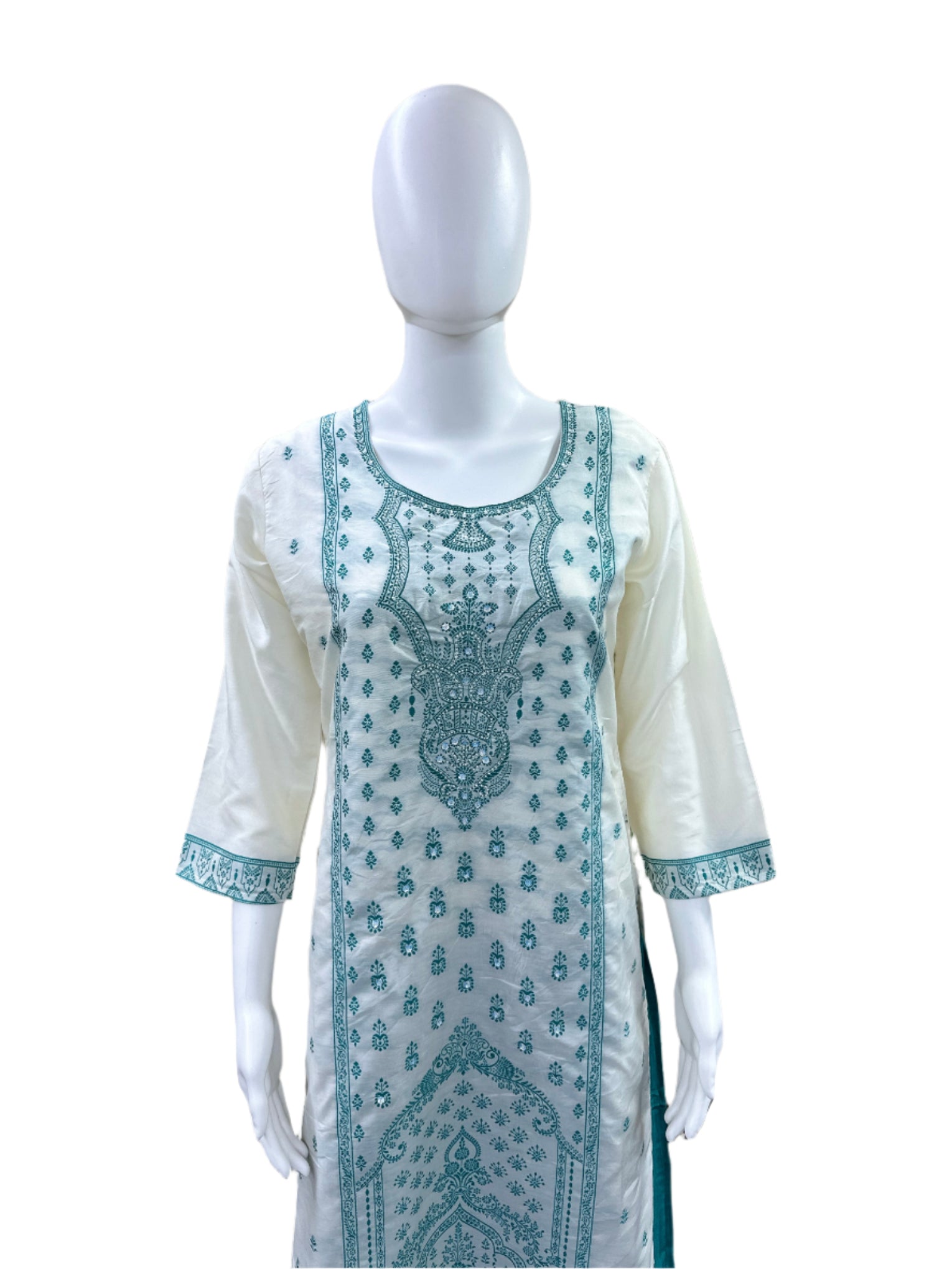 Luxury Silk 3-Piece Set - Straight Top with Jacquard Work (Lining Included, Straight Pants & Matching Jacquard Dupatta - Vibrant Create a SEO optimised product title and a Product description which is very comprehensive. Please add about the fabric, care, style and occasional details. Below is the product detail. Silk - 3 piece set - Straight Top Jacquard work, straight pant with jacquard dupatta - Beige & Turquoise Green