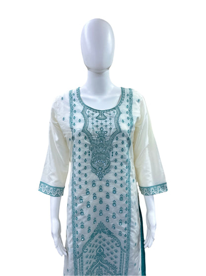 Luxury Silk 3-Piece Set - Straight Top with Jacquard Work (Lining Included, Straight Pants & Matching Jacquard Dupatta - Vibrant Create a SEO optimised product title and a Product description which is very comprehensive. Please add about the fabric, care, style and occasional details. Below is the product detail. Silk - 3 piece set - Straight Top Jacquard work, straight pant with jacquard dupatta - Beige & Turquoise Green