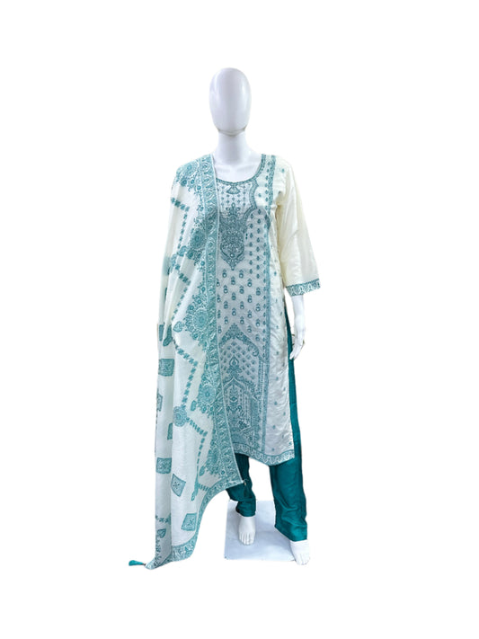 Luxury Silk 3-Piece Set - Straight Top with Jacquard Work (Lining Included, Straight Pants & Matching Jacquard Dupatta - Vibrant Create a SEO optimised product title and a Product description which is very comprehensive. Please add about the fabric, care, style and occasional details. Below is the product detail. Silk - 3 piece set - Straight Top Jacquard work, straight pant with jacquard dupatta - Beige & Turquoise Green