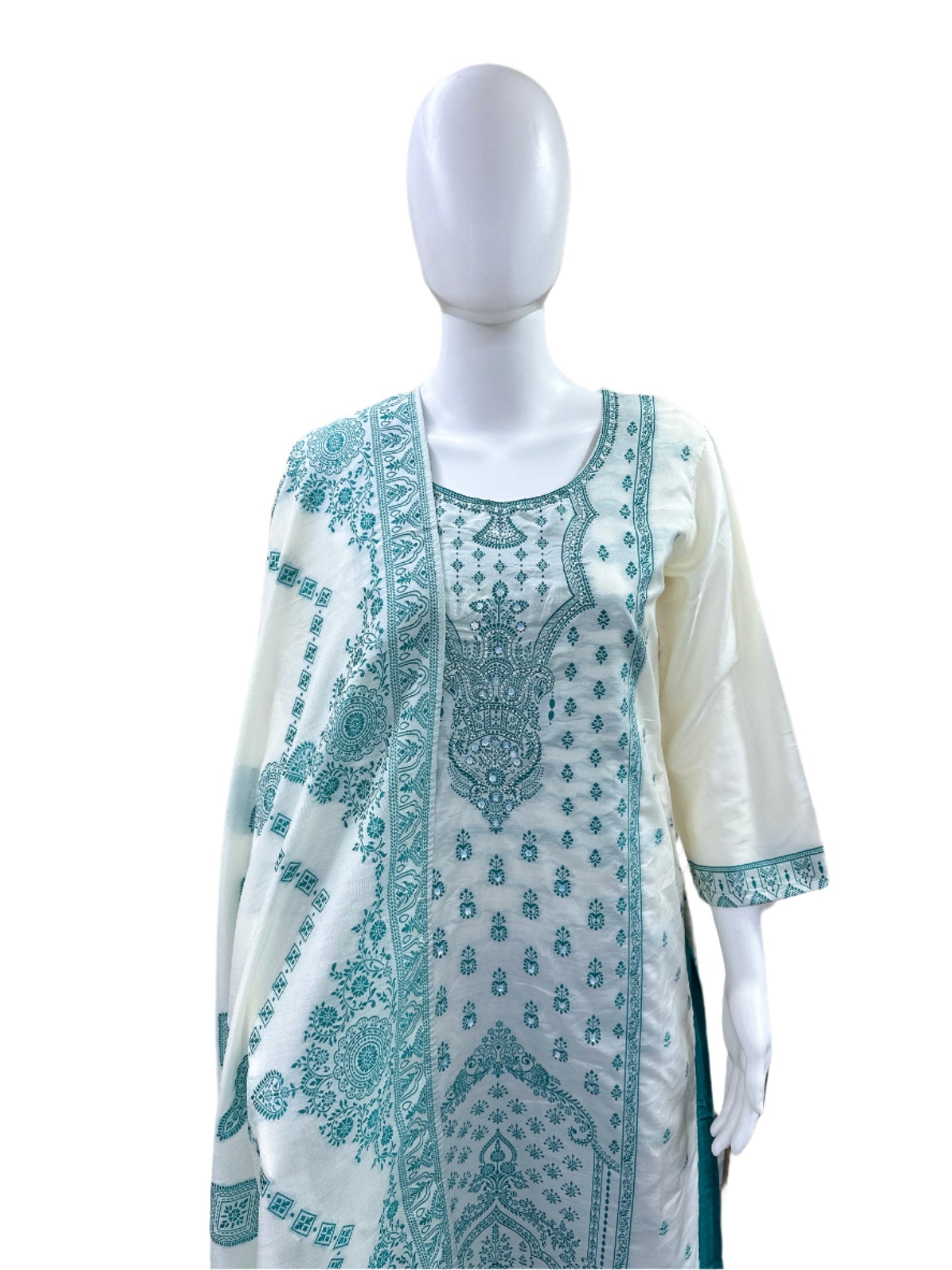 Luxury Silk 3-Piece Set - Straight Top with Jacquard Work (Lining Included, Straight Pants & Matching Jacquard Dupatta - Vibrant Create a SEO optimised product title and a Product description which is very comprehensive. Please add about the fabric, care, style and occasional details. Below is the product detail. Silk - 3 piece set - Straight Top Jacquard work, straight pant with jacquard dupatta - Beige & Turquoise Green