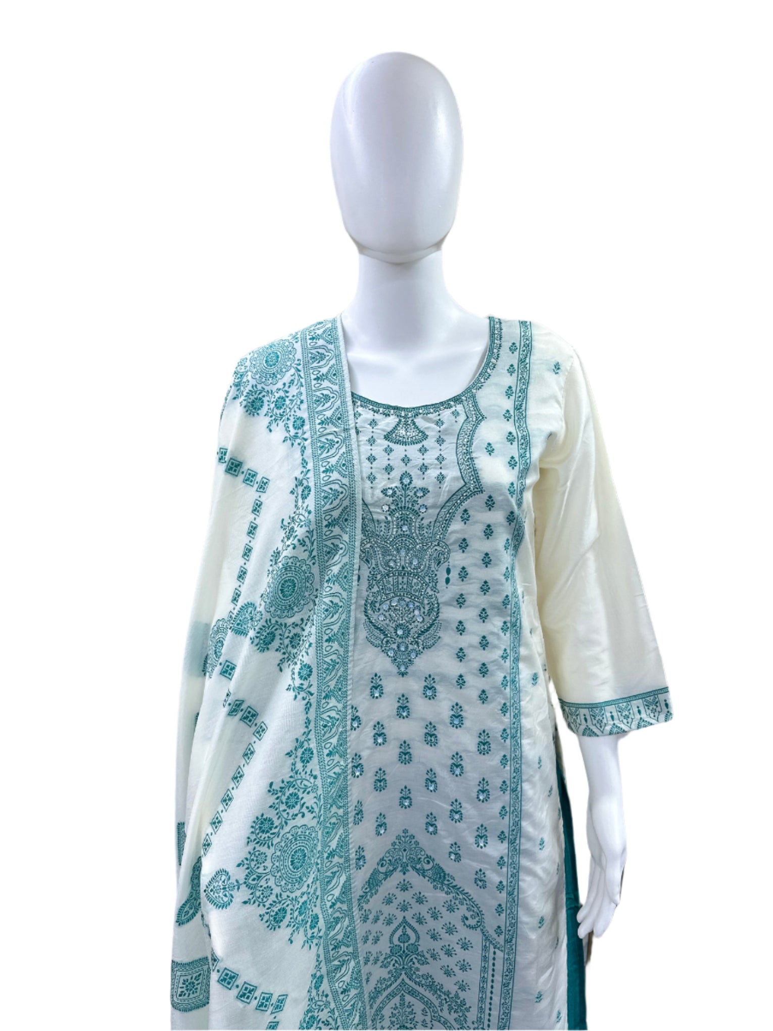 Luxury Silk 3-Piece Set - Straight Top with Jacquard Work (Lining Included, Straight Pants & Matching Jacquard Dupatta - Vibrant Create a SEO optimised product title and a Product description which is very comprehensive. Please add about the fabric, care, style and occasional details. Below is the product detail. Silk - 3 piece set - Straight Top Jacquard work, straight pant with jacquard dupatta - Beige & Turquoise Green