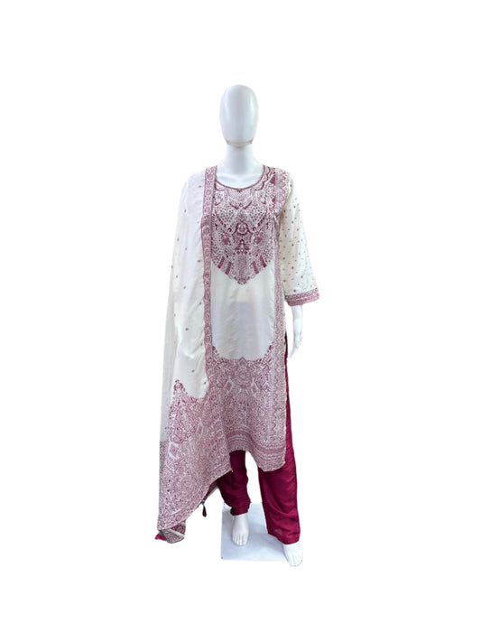 Luxury Silk 3-Piece Set - Straight Top with Jacquard Work & Lining, Straight Pants & Matching Jacquard Dupatta - Elegant Beige & Maroon