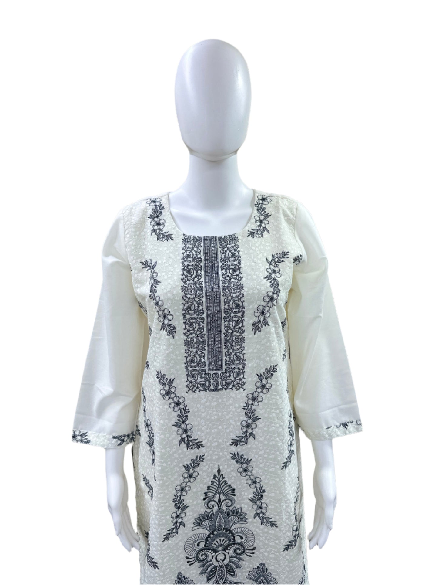 Premium Cotton 3-Piece Set - Floral Digital Print on Schiffli Top with Lining, Straight Pants & Coordinating Digitally Printed Dupatta - Pure White