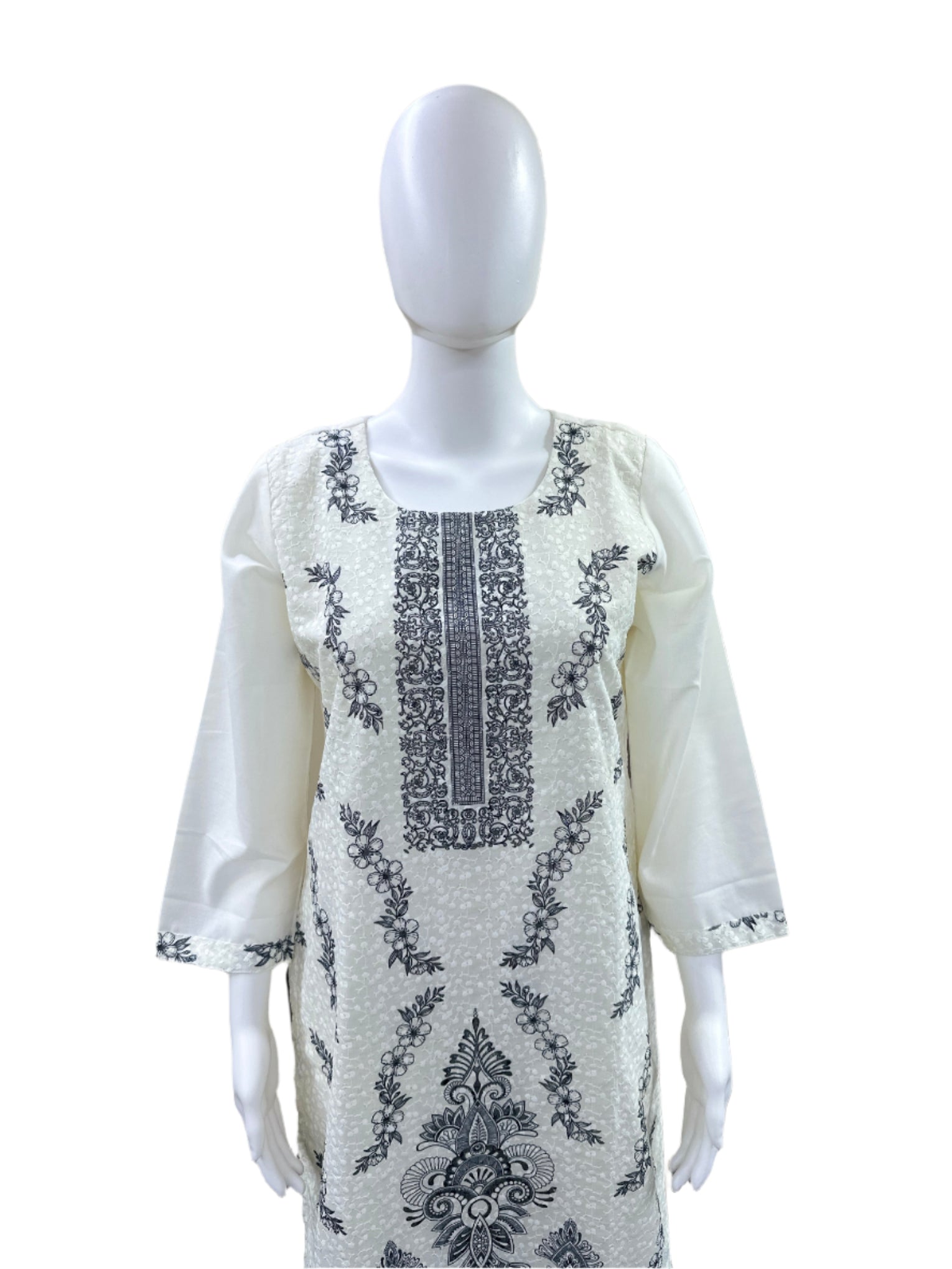 Premium Cotton 3-Piece Set - Floral Digital Print on Schiffli Top with Lining, Straight Pants & Coordinating Digitally Printed Dupatta - Pure White