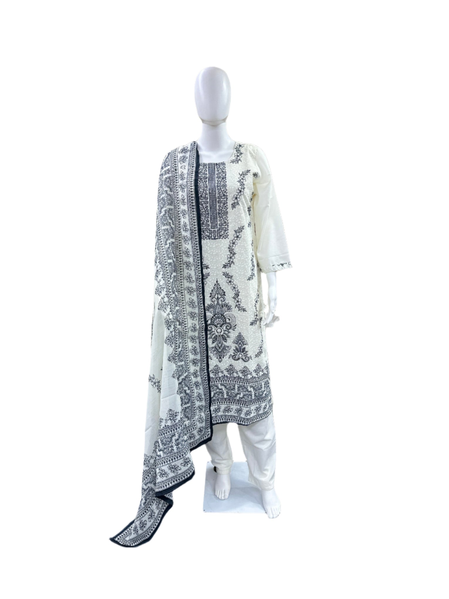 Premium Cotton 3-Piece Set - Floral Digital Print on Schiffli Top with Lining, Straight Pants & Coordinating Digitally Printed Dupatta - Pure White