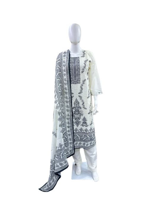 Premium Cotton 3-Piece Set - Floral Digital Print on Schiffli Top with Lining, Straight Pants & Coordinating Digitally Printed Dupatta - Pure White