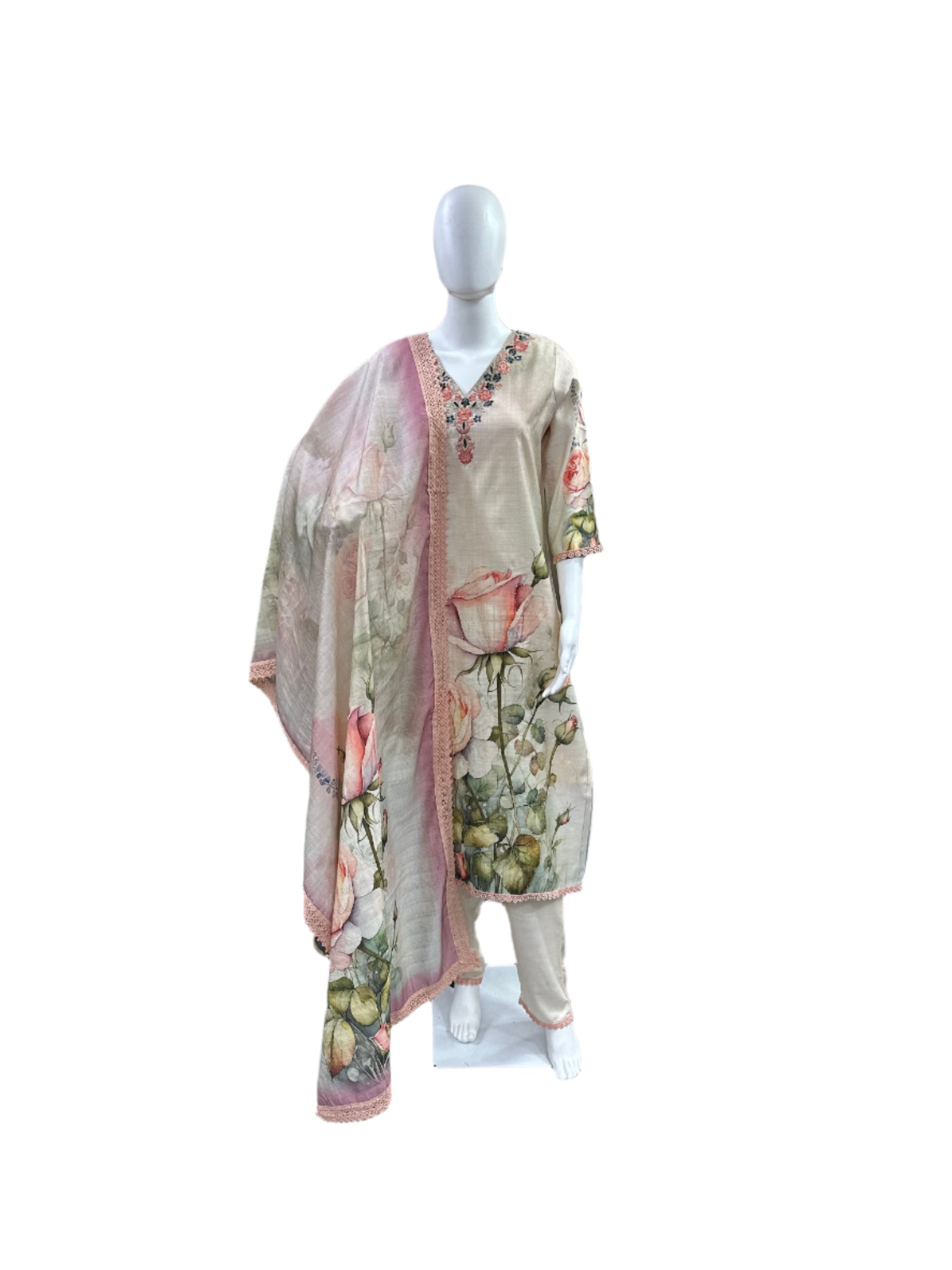 Premium Pure Cotton 3-Piece Set - Floral Printed Top with Embroidered Yoke, Straight Pants & Digitally Printed Dupatta with Lacework - Elegant Beige