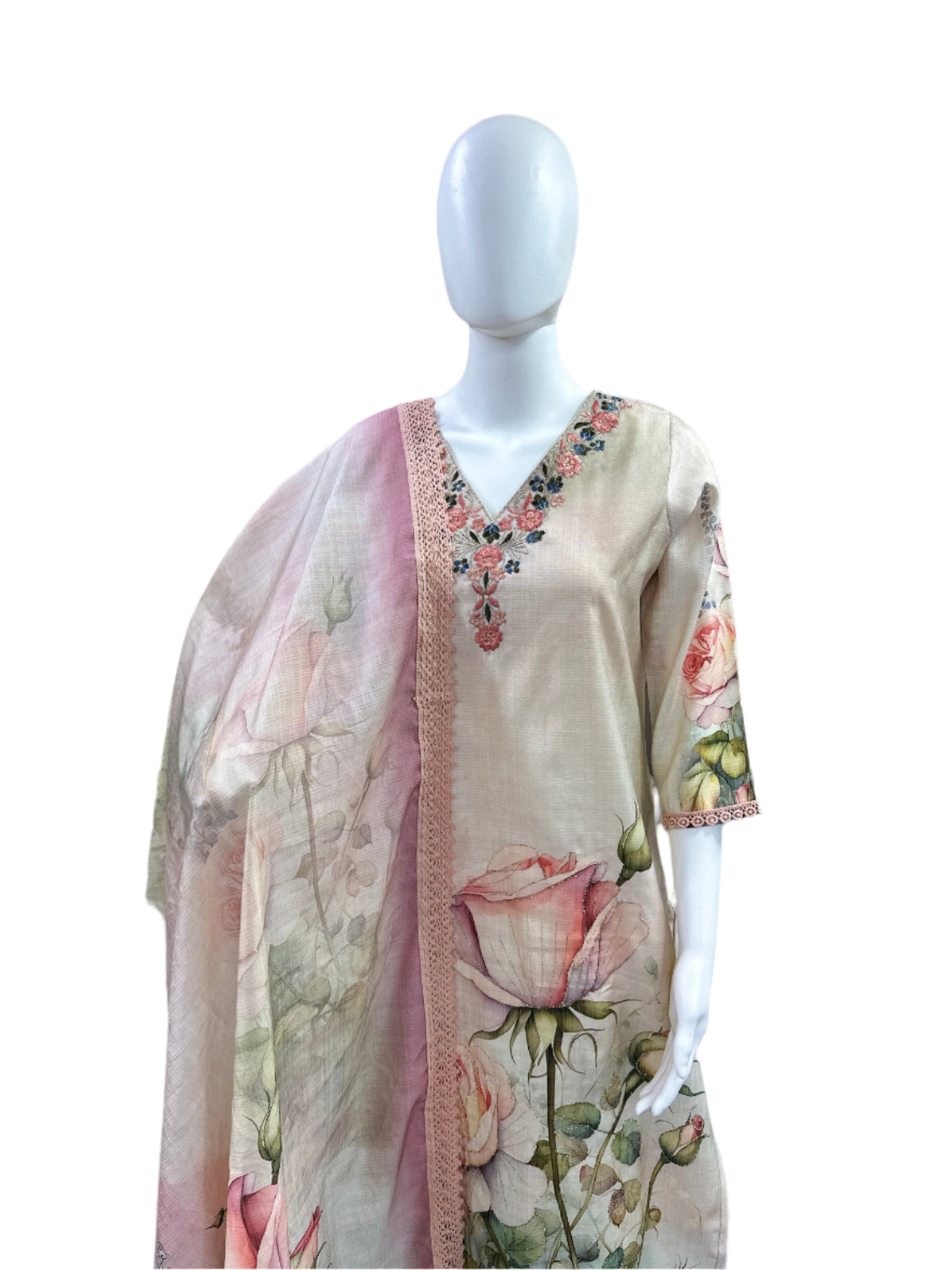Premium Pure Cotton 3-Piece Set - Floral Printed Top with Embroidered Yoke, Straight Pants & Digitally Printed Dupatta with Lacework - Elegant Beige