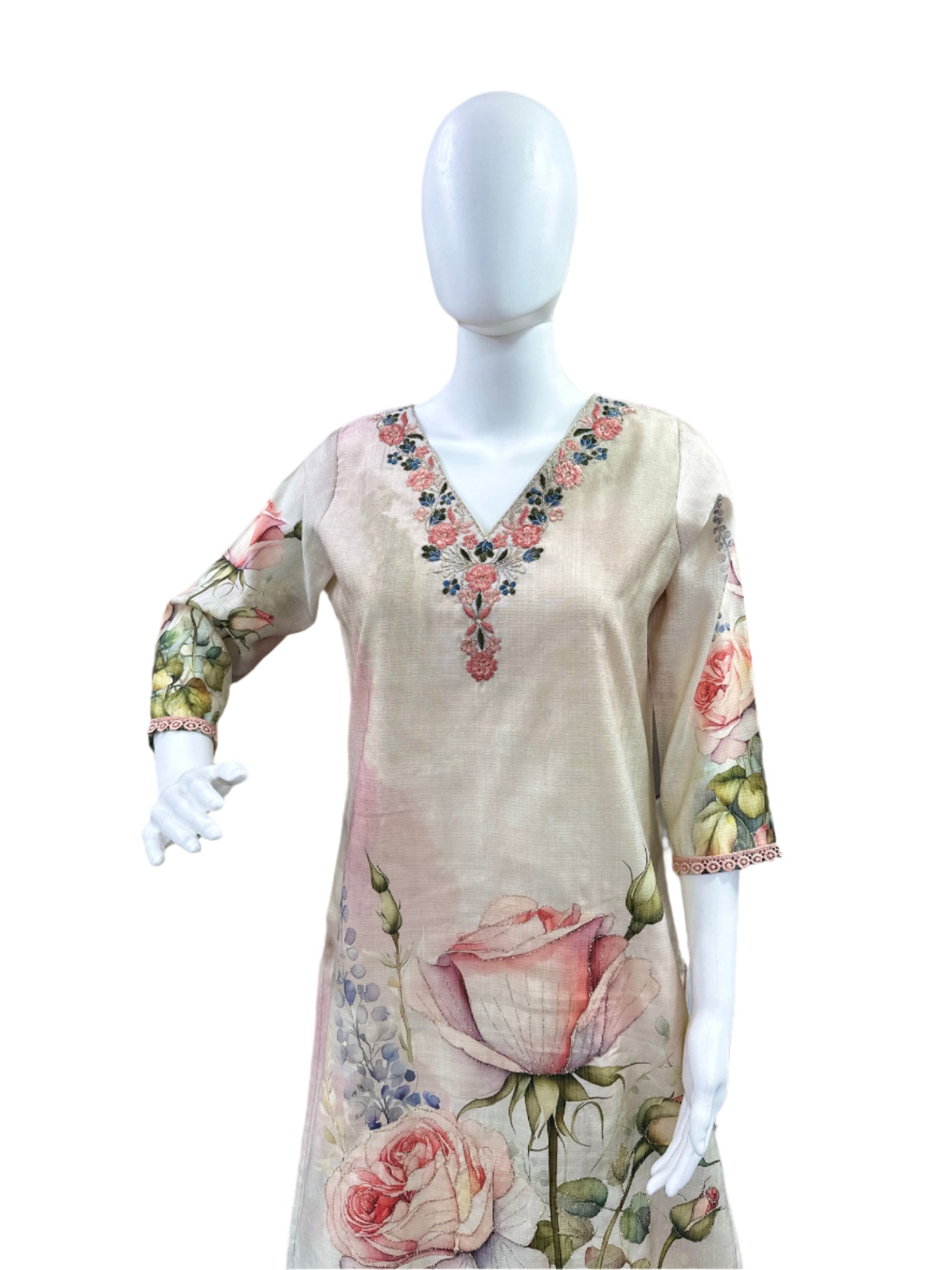 Premium Pure Cotton 3-Piece Set - Floral Printed Top with Embroidered Yoke, Straight Pants & Digitally Printed Dupatta with Lacework - Elegant Beige