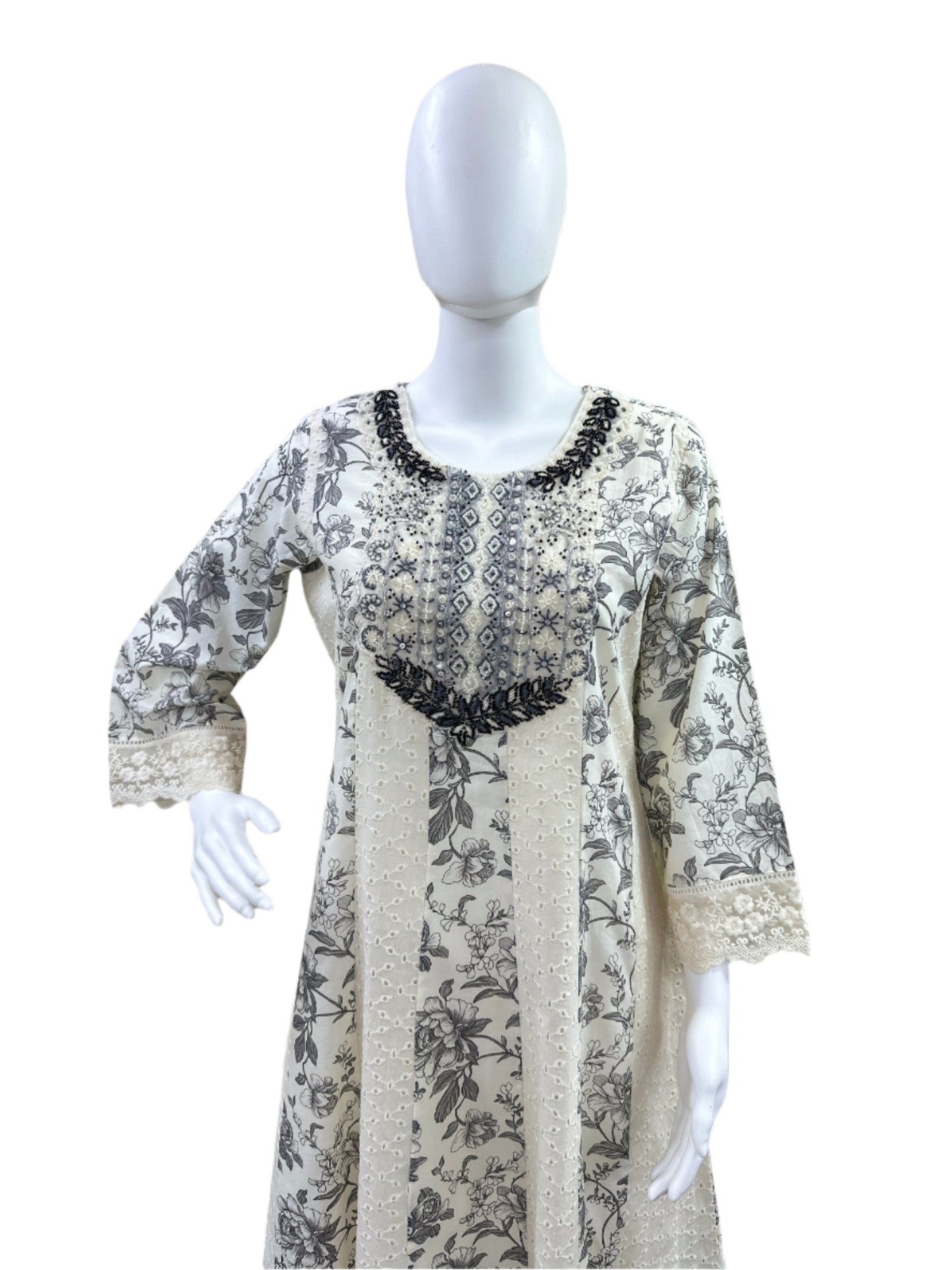 Premium Cotton Schiffli 3-Piece Floral Anarkali Set - Heavy Embroidered Yoke with Lace Details on Sleeves & Hemline, Full Lining - Elegant Beige