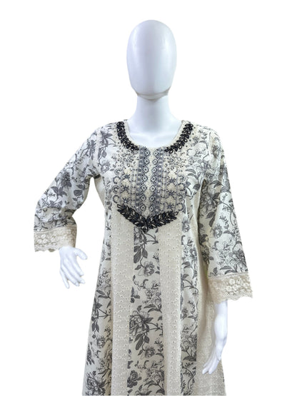 Premium Cotton Schiffli 3-Piece Floral Anarkali Set - Heavy Embroidered Yoke with Lace Details on Sleeves & Hemline, Full Lining - Elegant Beige