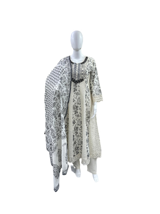 Premium Cotton Schiffli 3-Piece Floral Anarkali Set - Heavy Embroidered Yoke with Lace Details on Sleeves & Hemline, Full Lining - Elegant Beige
