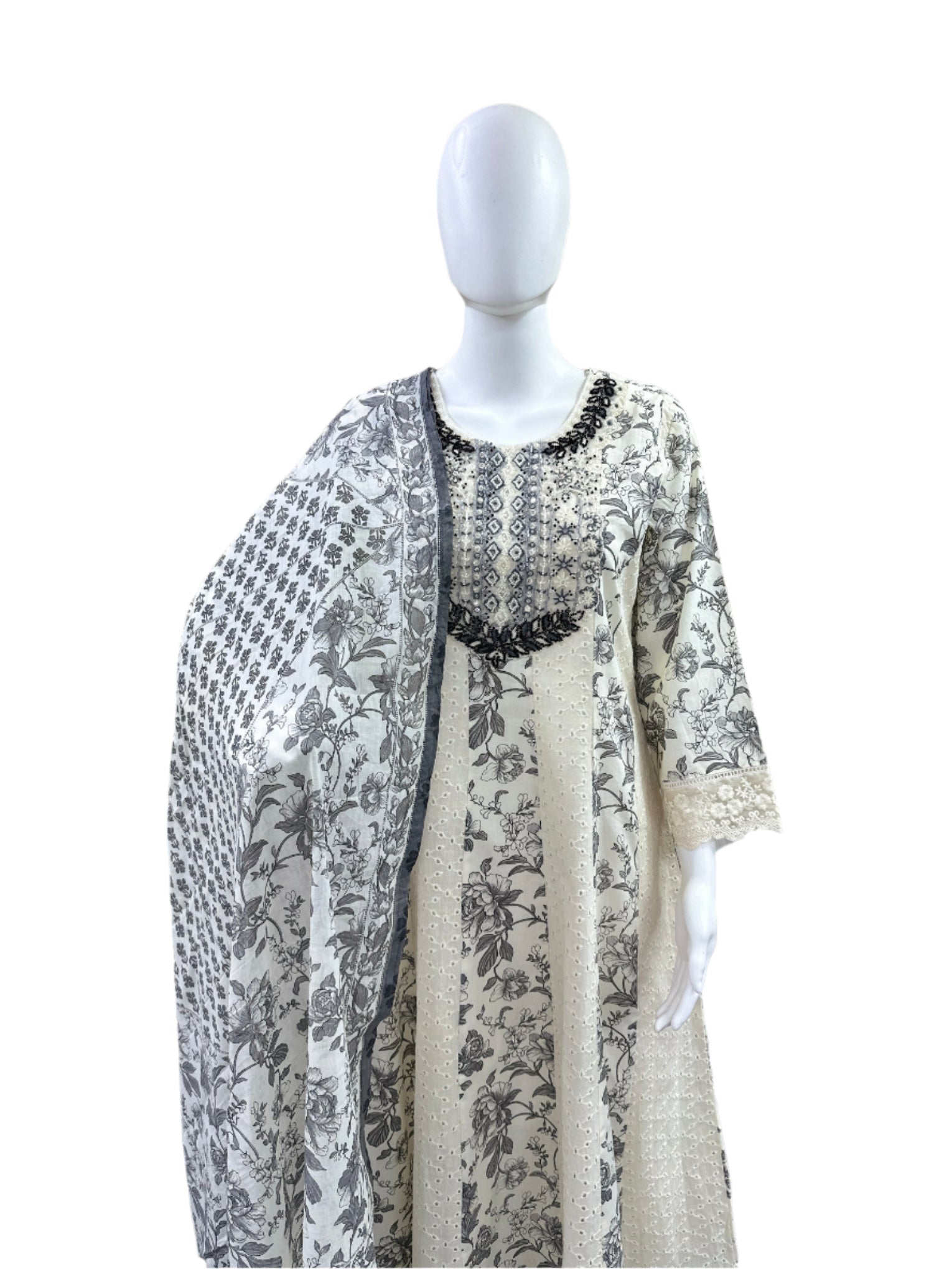 Premium Cotton Schiffli 3-Piece Floral Anarkali Set - Heavy Embroidered Yoke with Lace Details on Sleeves & Hemline, Full Lining - Elegant Beige