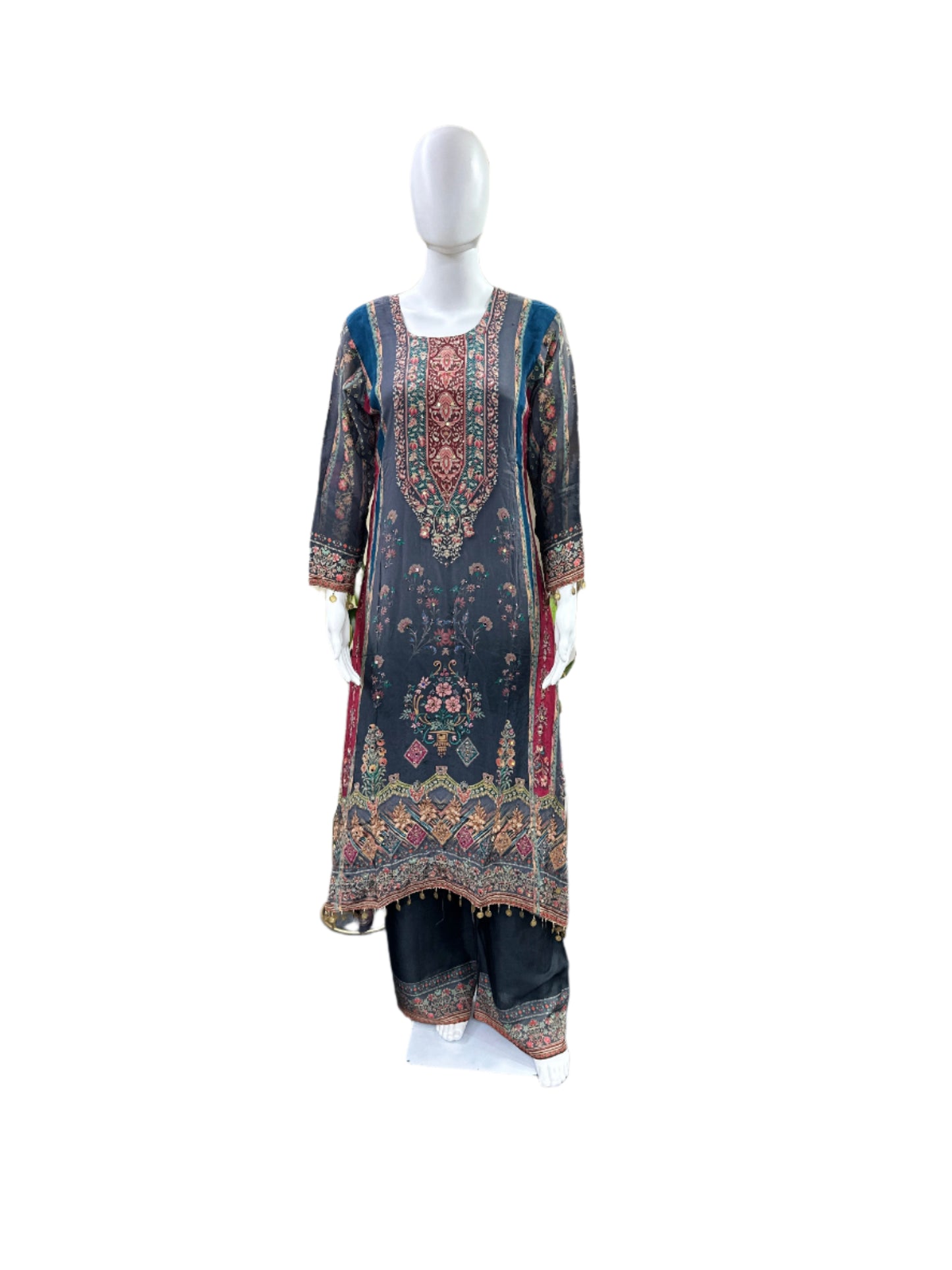 Premium Pure Crepe 3-Piece Set - A-Line Kurta with Mirror Work & Tassels, Cotton Lining, Palazzo & Bordered Chiffon Dupatta - Elegant Grey