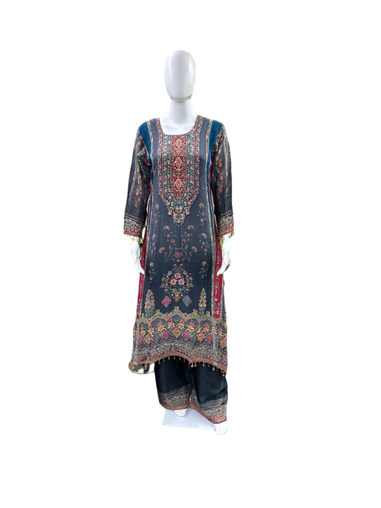Premium Pure Crepe 3-Piece Set - A-Line Kurta with Mirror Work & Tassels, Cotton Lining, Palazzo & Bordered Chiffon Dupatta - Elegant Grey