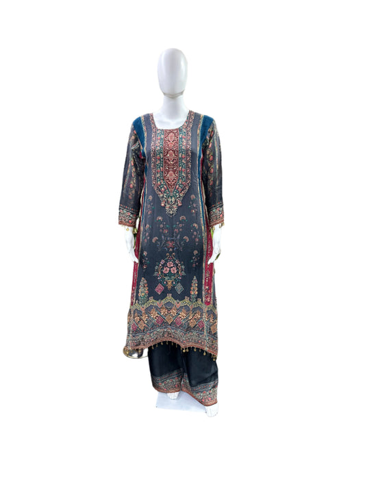 Premium Pure Crepe 3-Piece Set - A-Line Kurta with Mirror Work & Tassels, Cotton Lining, Palazzo & Bordered Chiffon Dupatta - Elegant Grey
