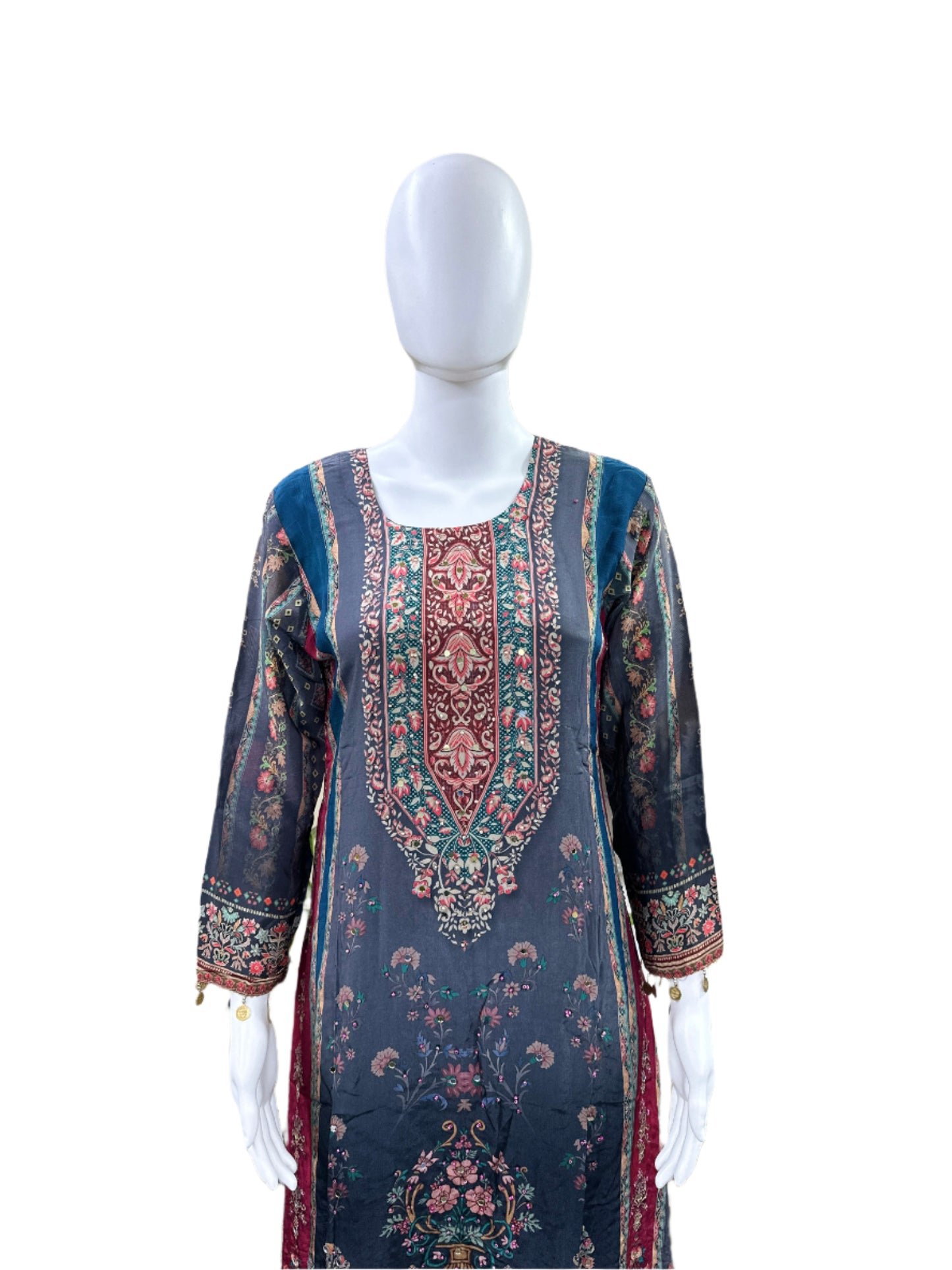 Premium Pure Crepe 3-Piece Set - A-Line Kurta with Mirror Work & Tassels, Cotton Lining, Palazzo & Bordered Chiffon Dupatta - Elegant Grey