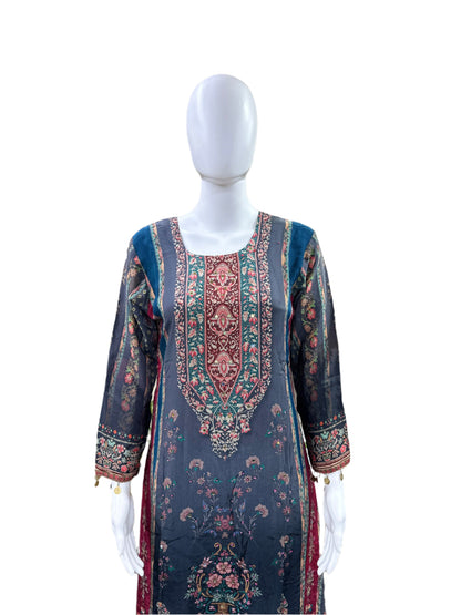 Premium Pure Crepe 3-Piece Set - A-Line Kurta with Mirror Work & Tassels, Cotton Lining, Palazzo & Bordered Chiffon Dupatta - Elegant Grey