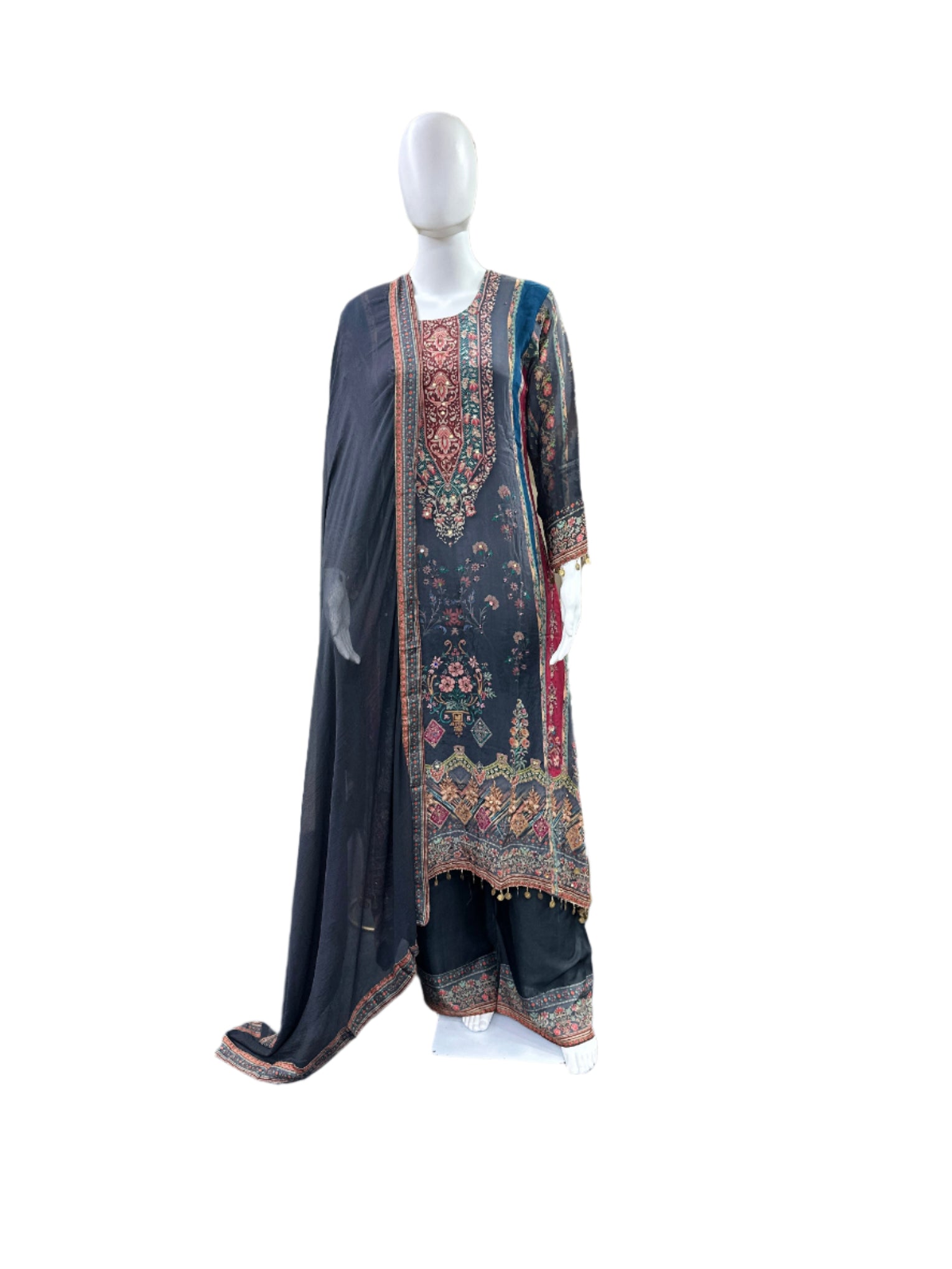 Premium Pure Crepe 3-Piece Set - A-Line Kurta with Mirror Work & Tassels, Cotton Lining, Palazzo & Bordered Chiffon Dupatta - Elegant Grey