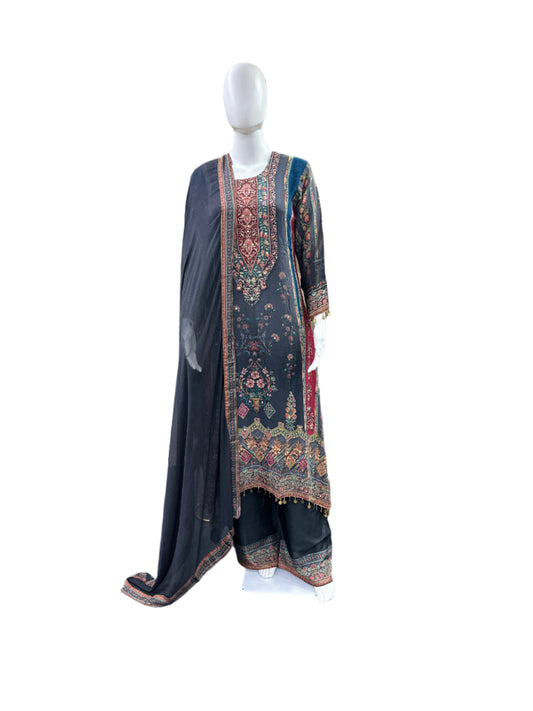 Premium Pure Crepe 3-Piece Set - A-Line Kurta with Mirror Work & Tassels, Cotton Lining, Palazzo & Bordered Chiffon Dupatta - Elegant Grey