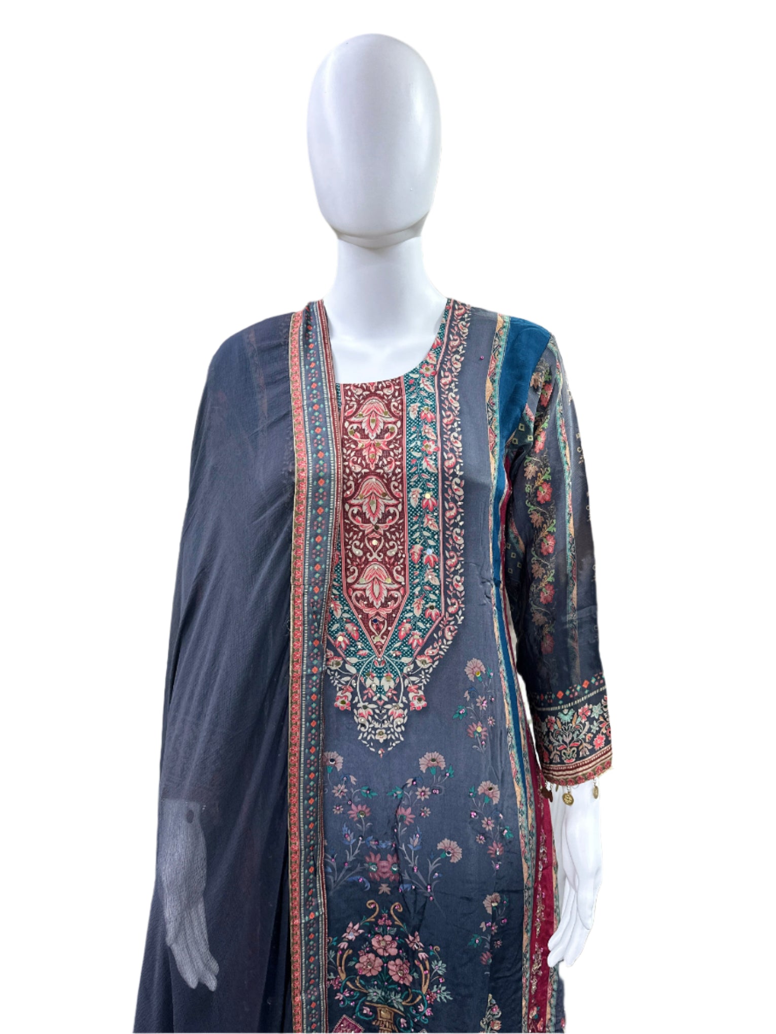 Premium Pure Crepe 3-Piece Set - A-Line Kurta with Mirror Work & Tassels, Cotton Lining, Palazzo & Bordered Chiffon Dupatta - Elegant Grey