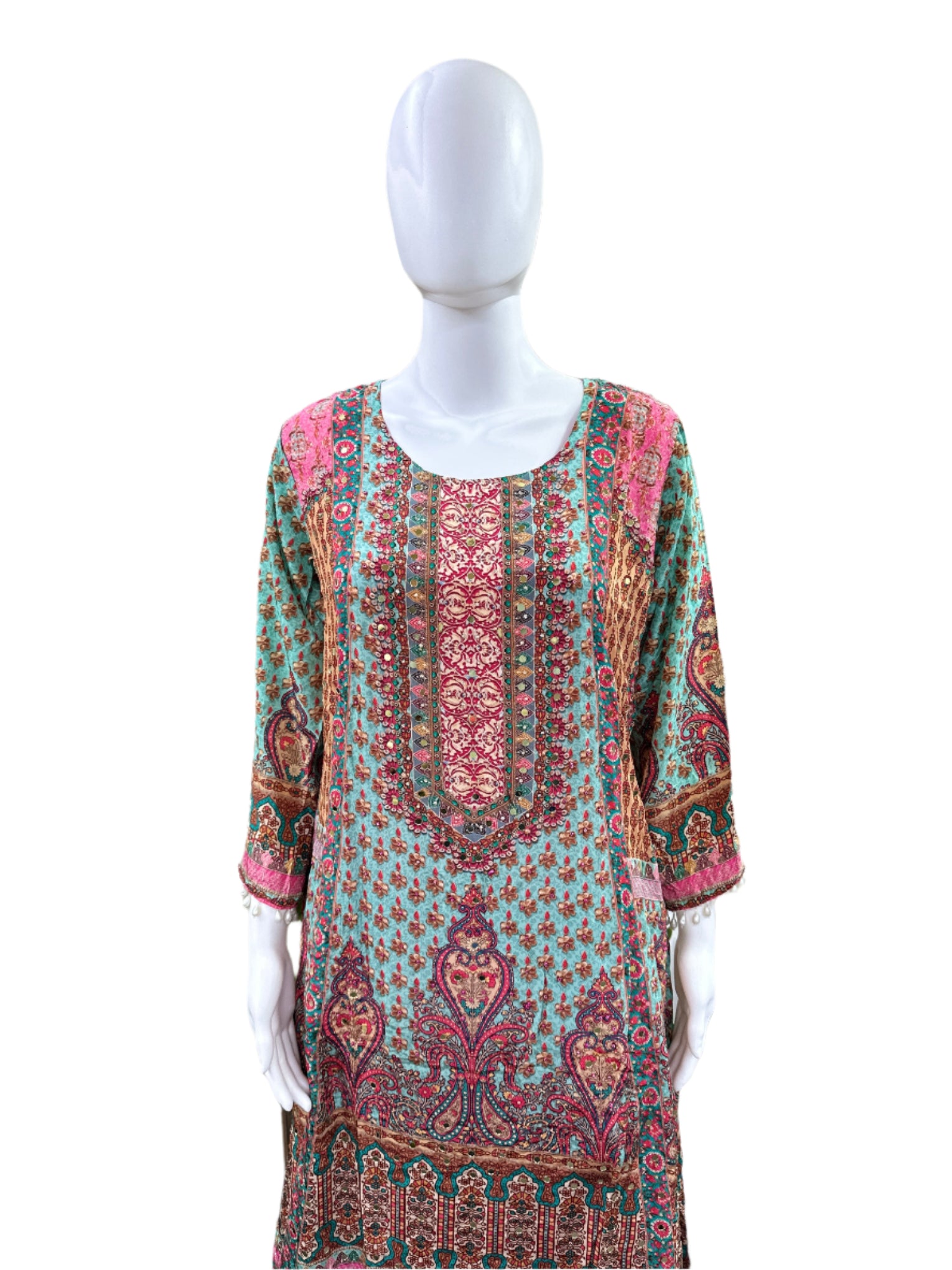 Premium Pure Crepe 3-Piece Set - A-Line Kurta with Mirror Work & Tassels, Cotton Lining, Palazzo & Bordered Chiffon Dupatta - Pink & Sky Blue