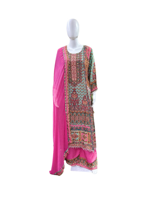 Premium Pure Crepe 3-Piece Set - A-Line Kurta with Mirror Work & Tassels, Cotton Lining, Palazzo & Bordered Chiffon Dupatta - Pink & Sky Blue