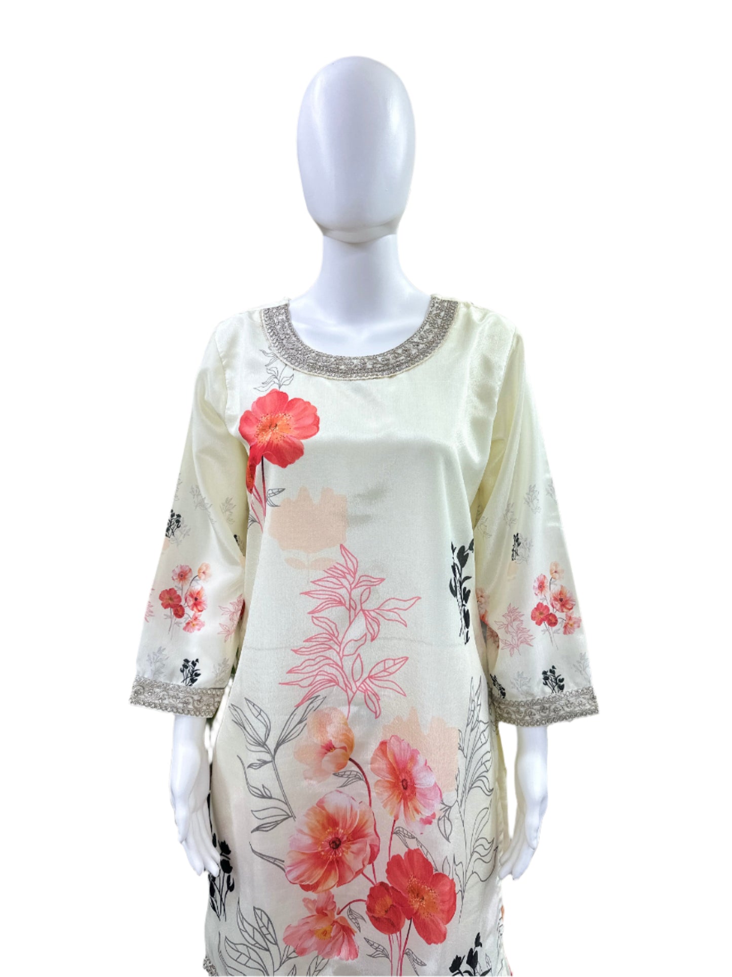Premium Chiffon 3-Piece Gharara Set - Floral Digital Printed Top with Embroidery & Lining, Matching Gharara & Lace-Bordered Dupatta