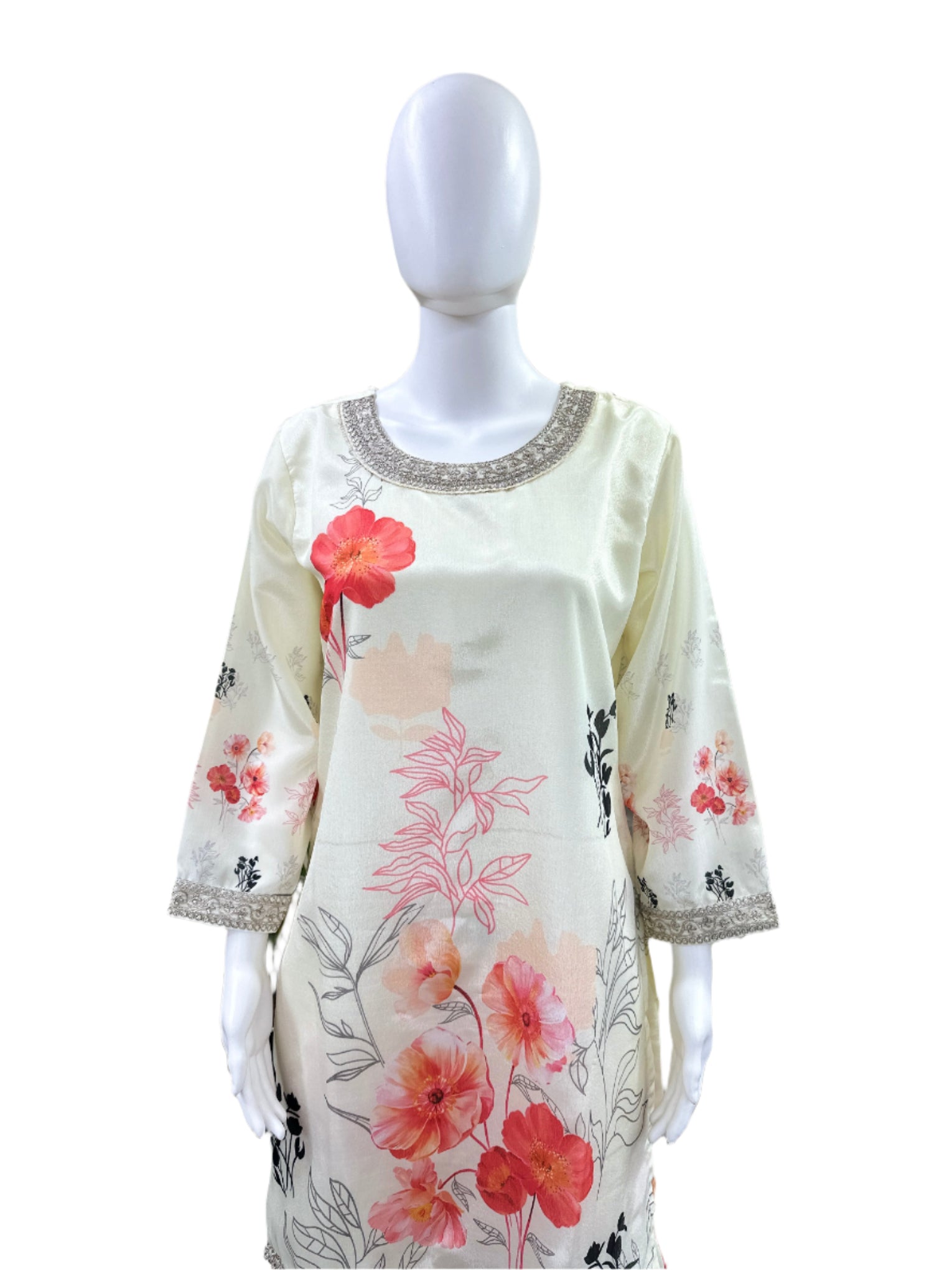 Premium Chiffon 3-Piece Gharara Set - Floral Digital Printed Top with Embroidery & Lining, Matching Gharara & Lace-Bordered Dupatta