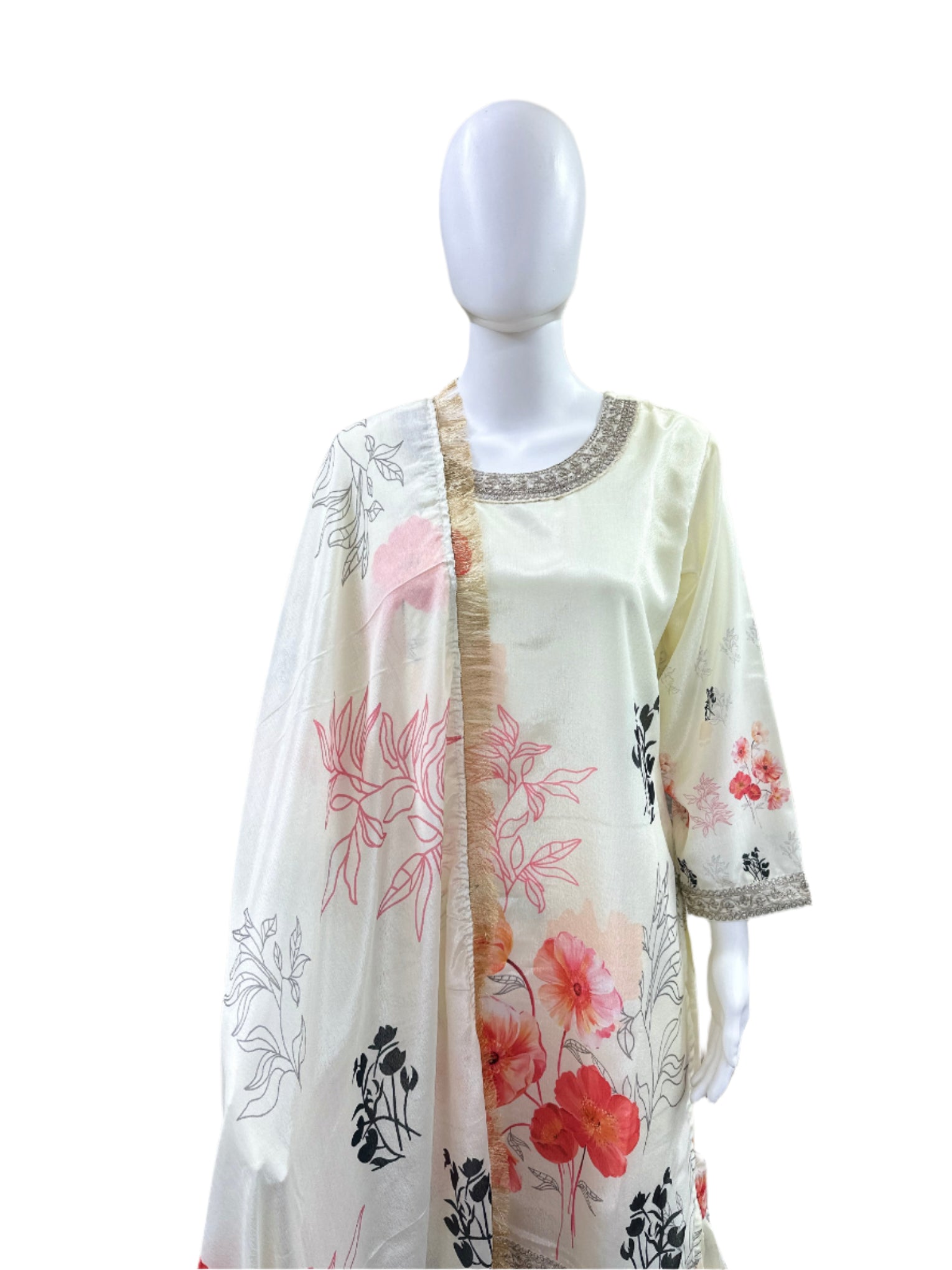Premium Chiffon 3-Piece Gharara Set - Floral Digital Printed Top with Embroidery & Lining, Matching Gharara & Lace-Bordered Dupatta