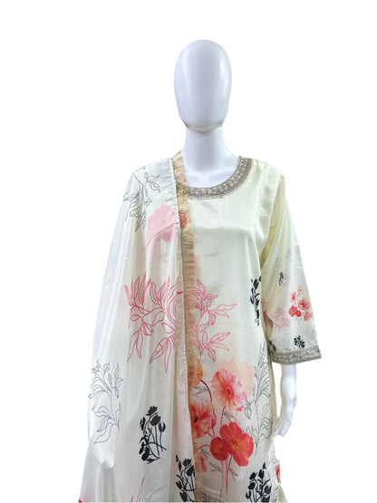 Premium Chiffon 3-Piece Gharara Set - Floral Digital Printed Top with Embroidery & Lining, Matching Gharara & Lace-Bordered Dupatta