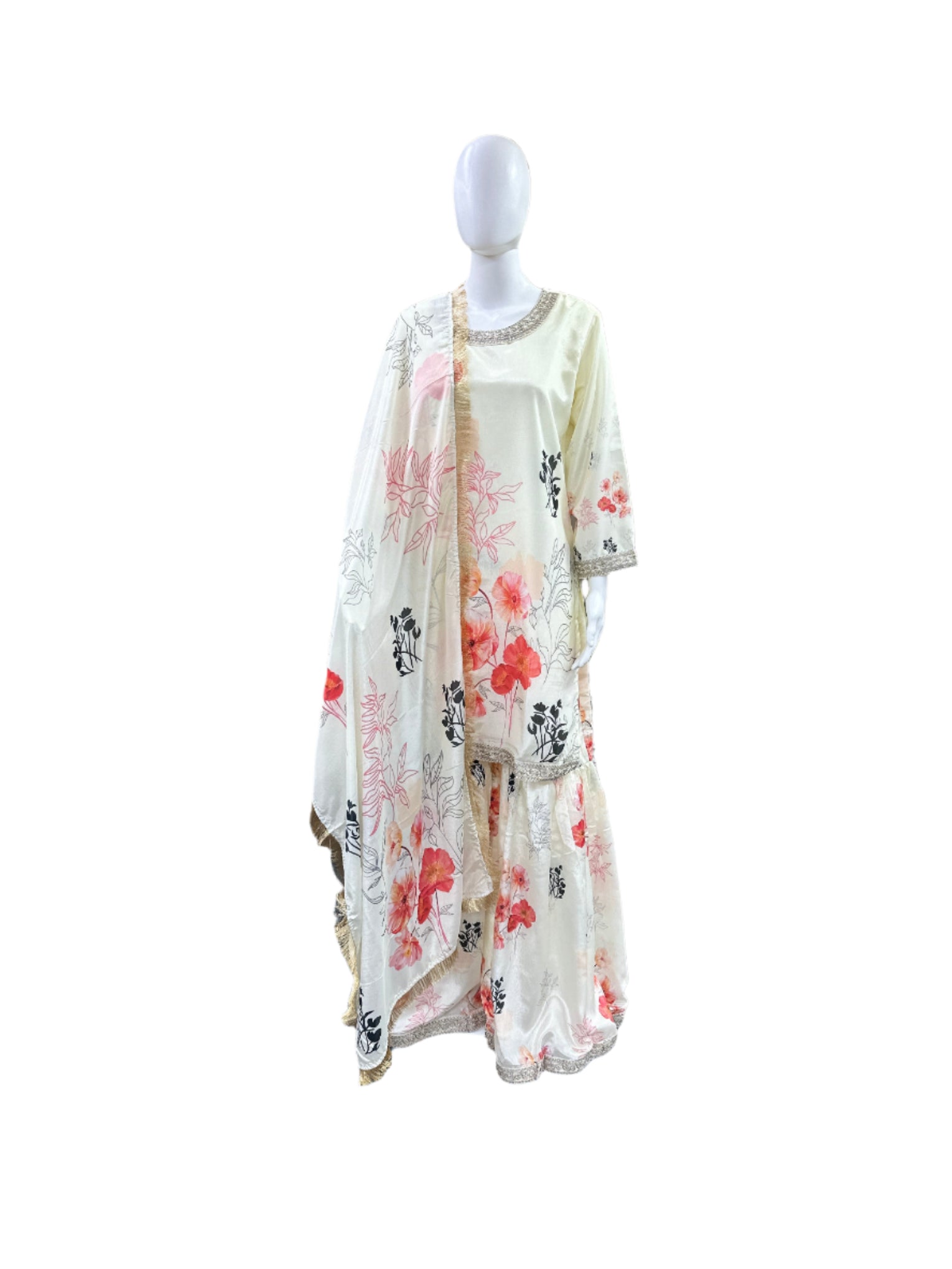 Premium Chiffon 3-Piece Gharara Set - Floral Digital Printed Top with Embroidery & Lining, Matching Gharara & Lace-Bordered Dupatta