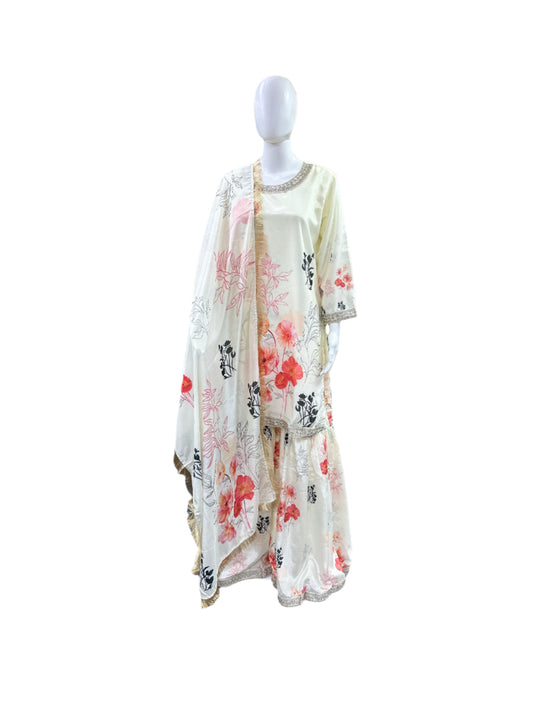 Premium Chiffon 3-Piece Gharara Set - Floral Digital Printed Top with Embroidery & Lining, Matching Gharara & Lace-Bordered Dupatta