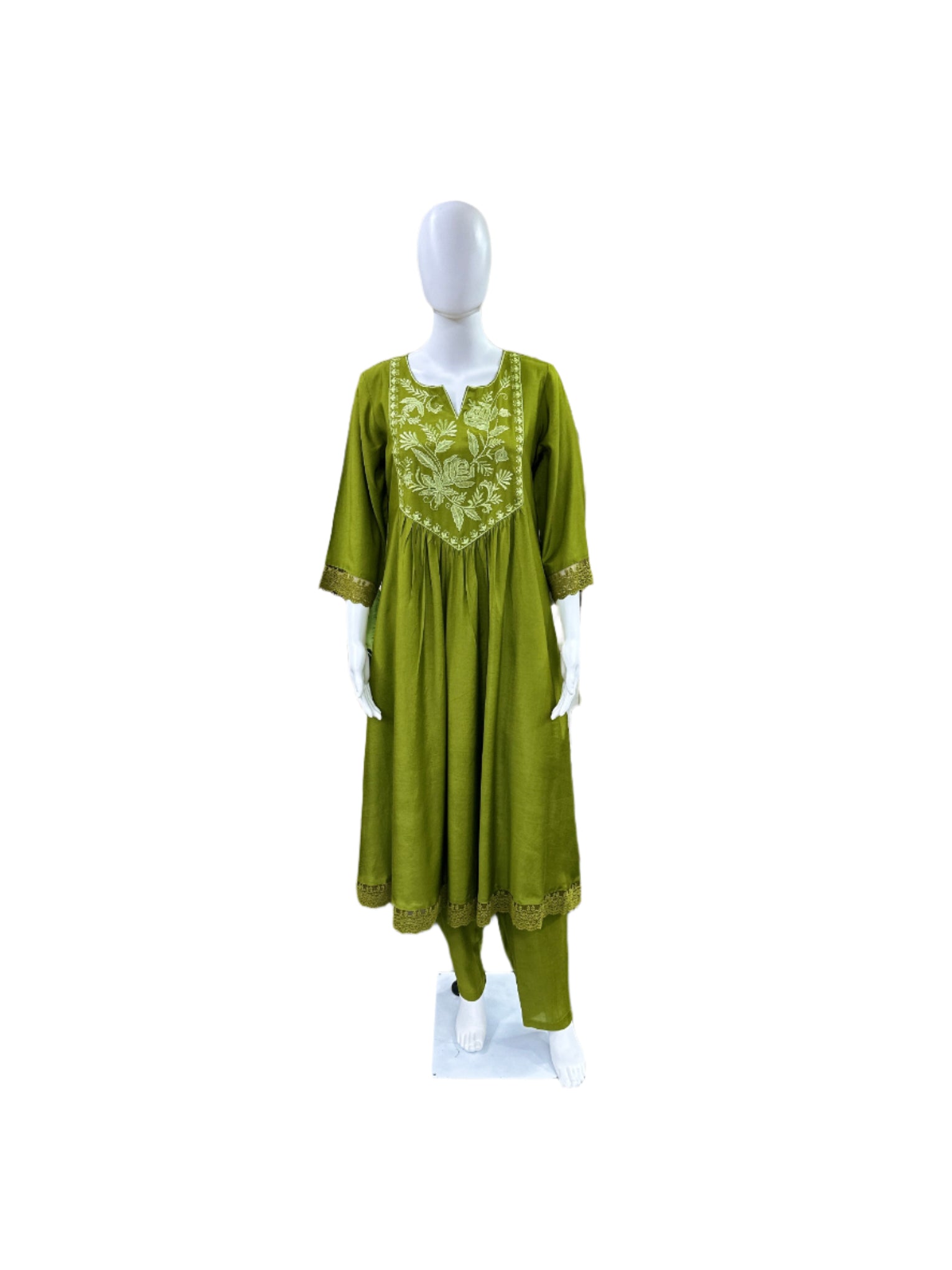Premium Muslin 3-Piece Set - Umbrella Kurta with Heavy Yoke Thread Embroidery & Mul Lining, Straight Pants & Printed Dupatta - Mehndi Green