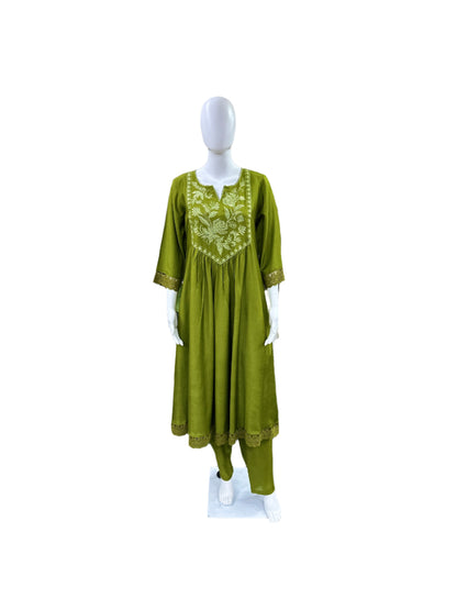 Premium Muslin 3-Piece Set - Umbrella Kurta with Heavy Yoke Thread Embroidery & Mul Lining, Straight Pants & Printed Dupatta - Mehndi Green