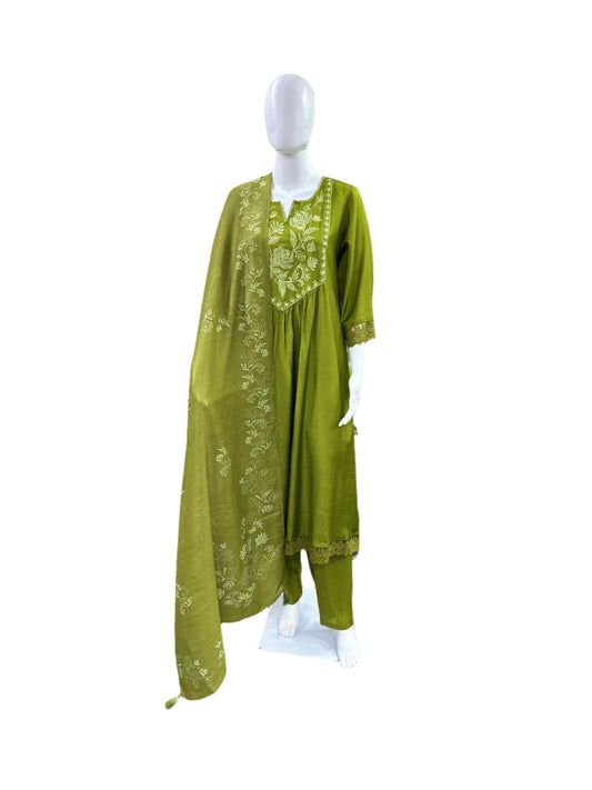 Premium Muslin 3-Piece Set - Umbrella Kurta with Heavy Yoke Thread Embroidery & Mul Lining, Straight Pants & Printed Dupatta - Mehndi Green