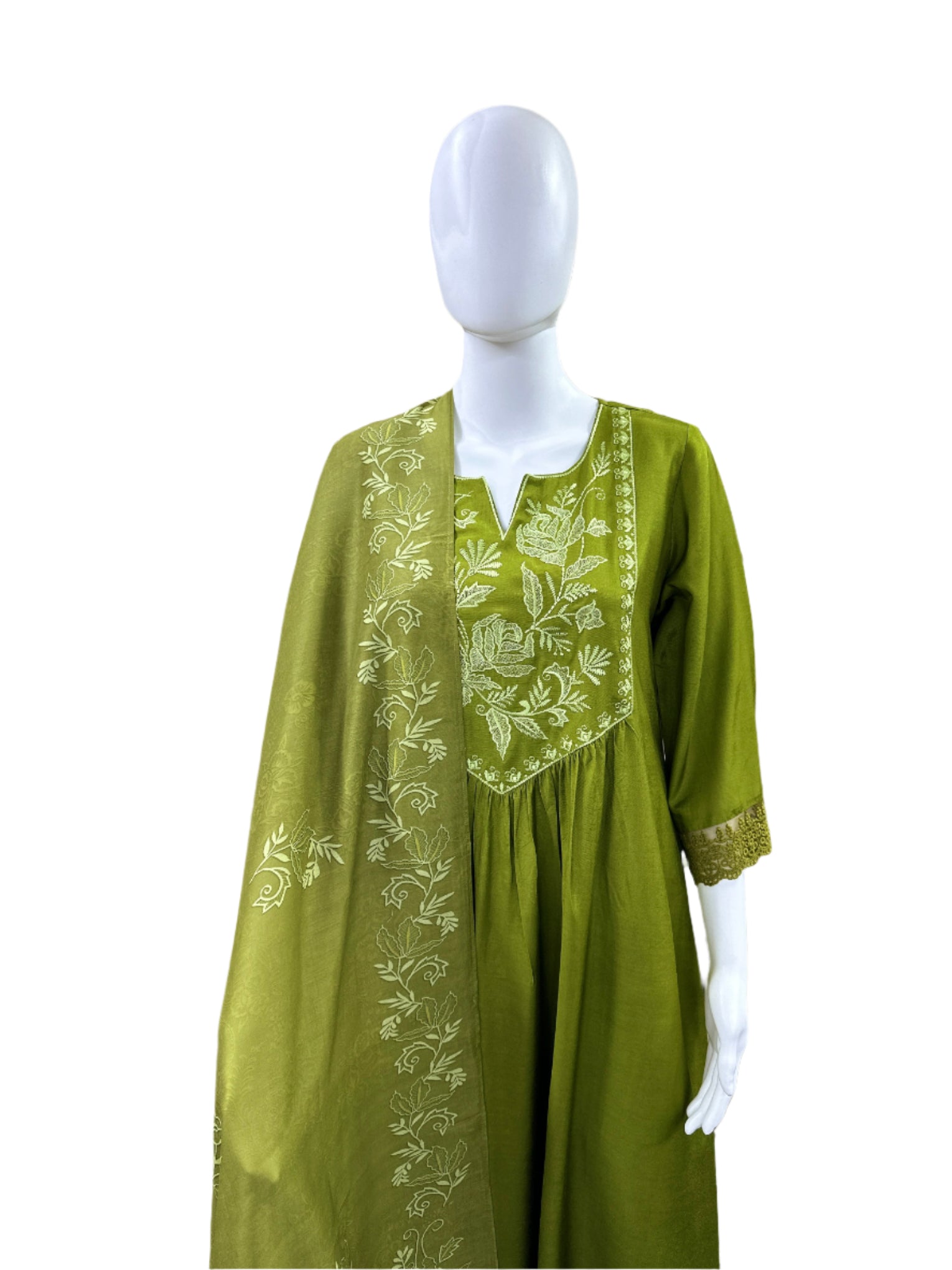 Premium Muslin 3-Piece Set - Umbrella Kurta with Heavy Yoke Thread Embroidery & Mul Lining, Straight Pants & Printed Dupatta - Mehndi Green